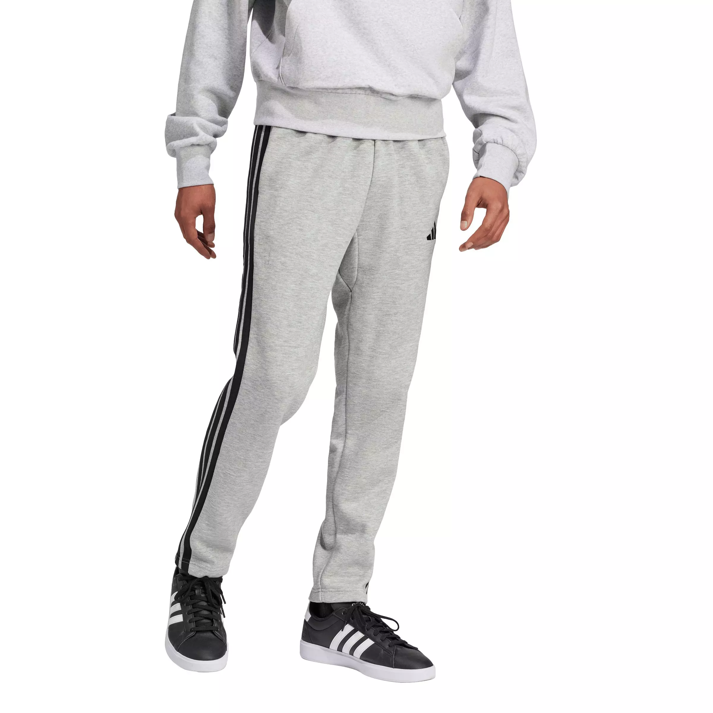 adidas Men's Essentials 3-Stripes Open Hem Fleece Joggers -Grey/Black - GREY/BLACK