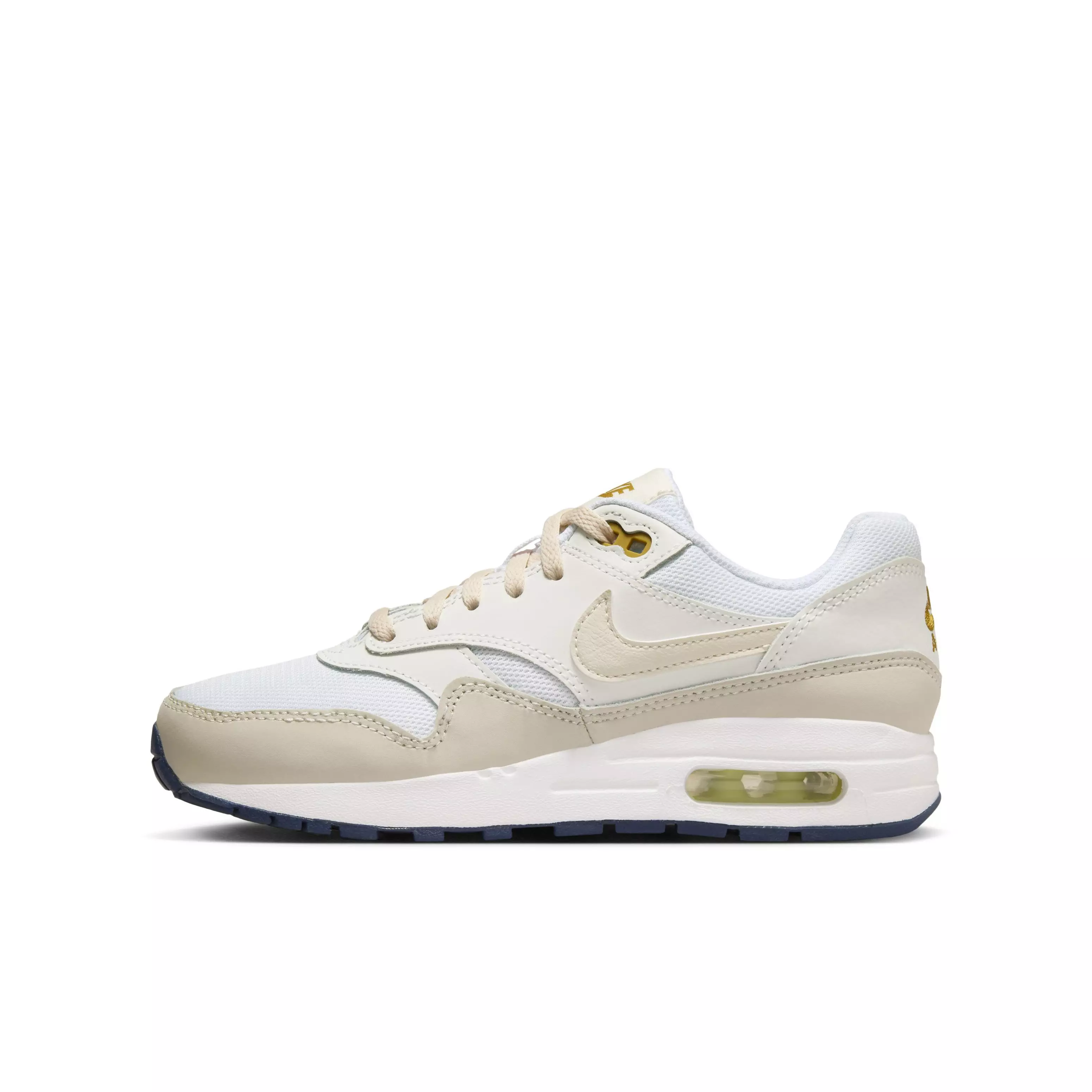 Nike Air Max 1 "White/Bronzine/Barely Volt/Light Orewood Brown" Grade School Boys' Shoe - WHITE/BRONZINE/VOLT/LT BROWN