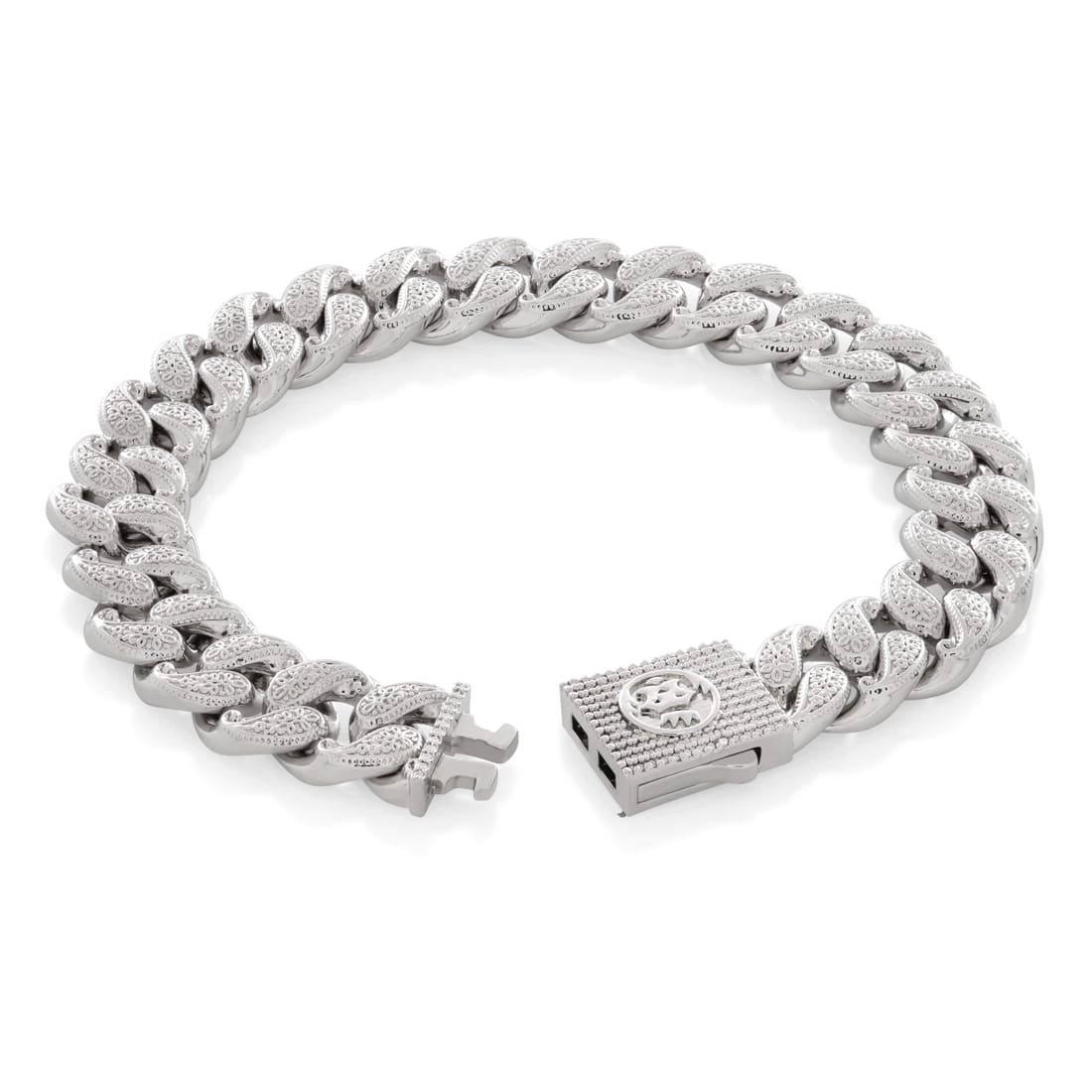 King Ice 12MM Filigree Miami Cuban Link Bracelet - White Gold - WHITE GOLD