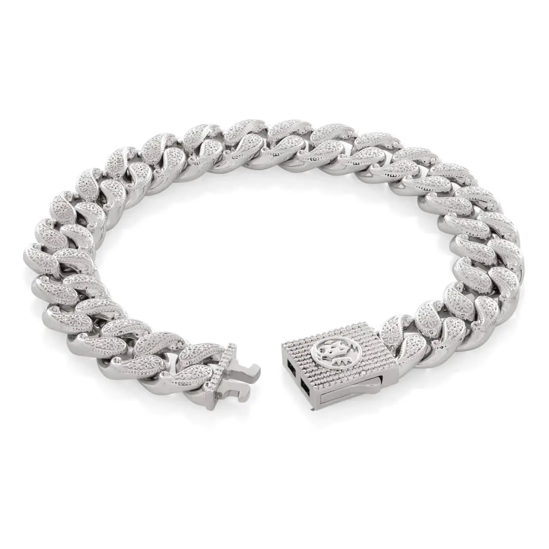 King Ice 12MM Filigree Miami Cuban Link Bracelet - White Gold - WHITE GOLD