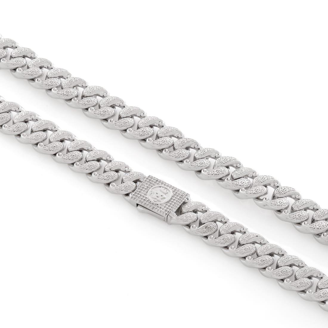 King Ice 12MM Filigree Miami Cuban Link Chain - White Gold - WHITE GOLD