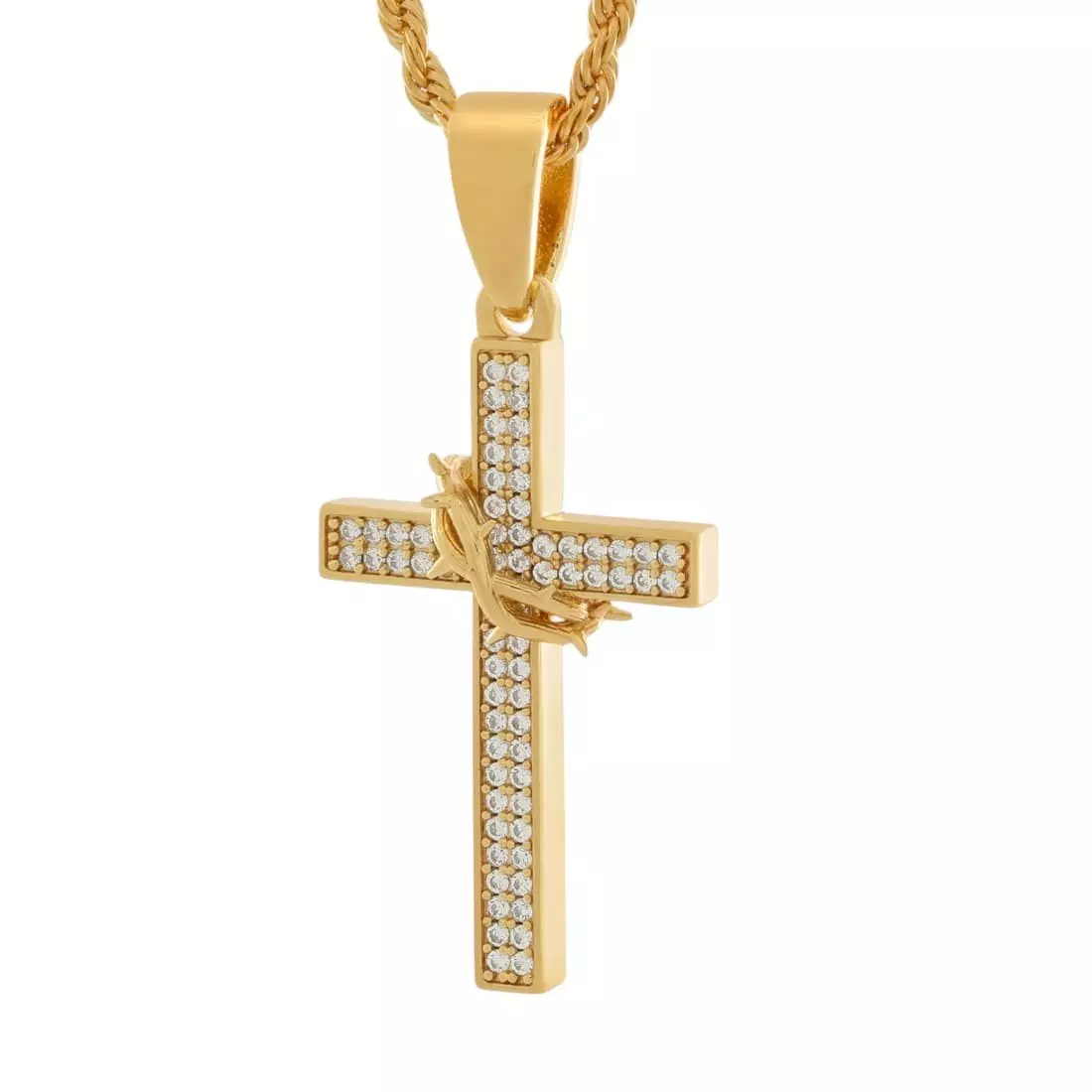 King Ice Crown of Thorns Wrapped Cross Necklace - Gold - GOLD