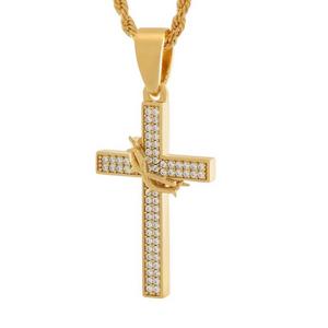 King Ice Crown of Thorns Wrapped Cross Necklace - Gold - GOLD