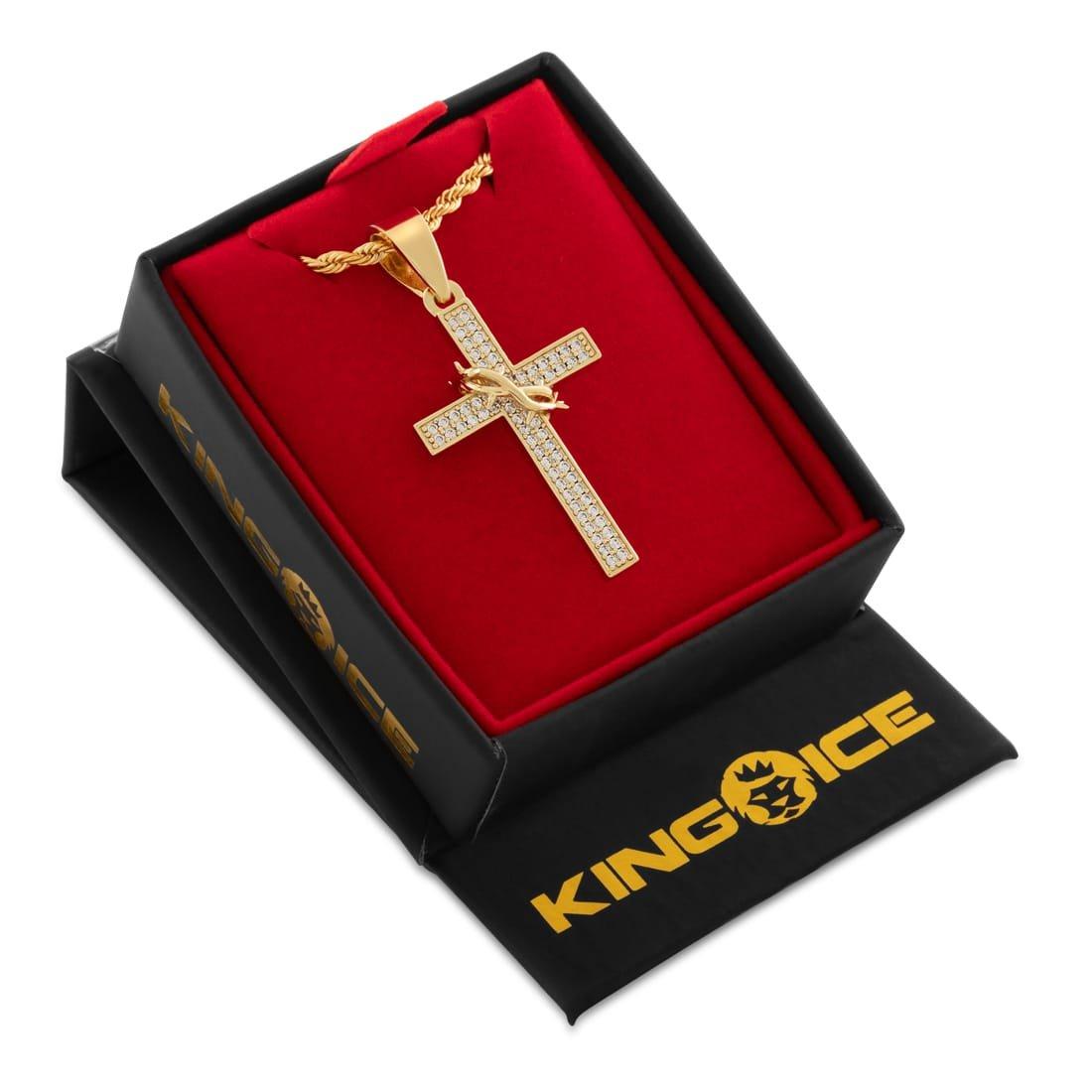 King Ice Crown of Thorns Wrapped Cross Necklace - Gold - GOLD