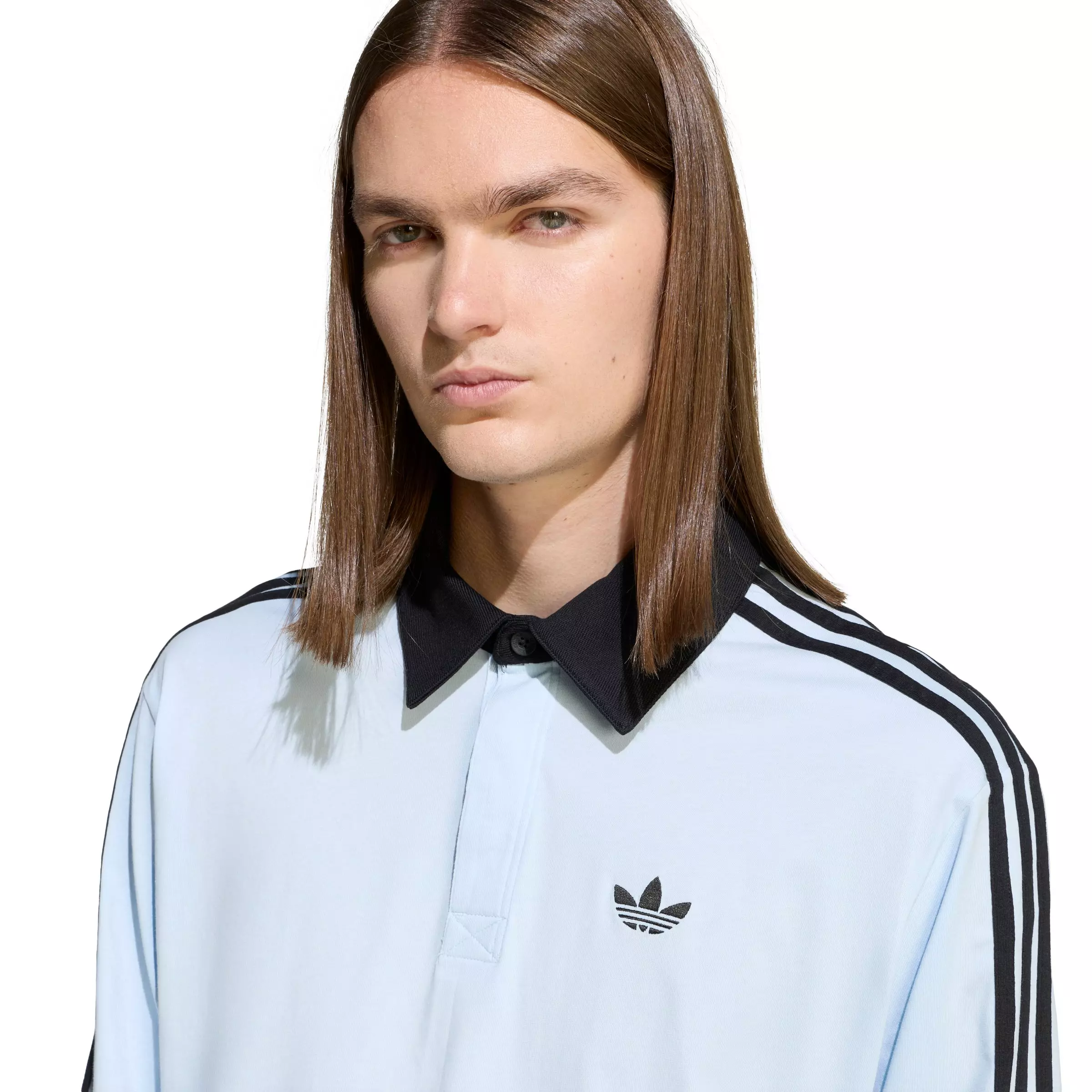 adidas Originals Men's 3-Stripes Rugby Long-Sleeve Polo - Lt Blue - LT BLUE