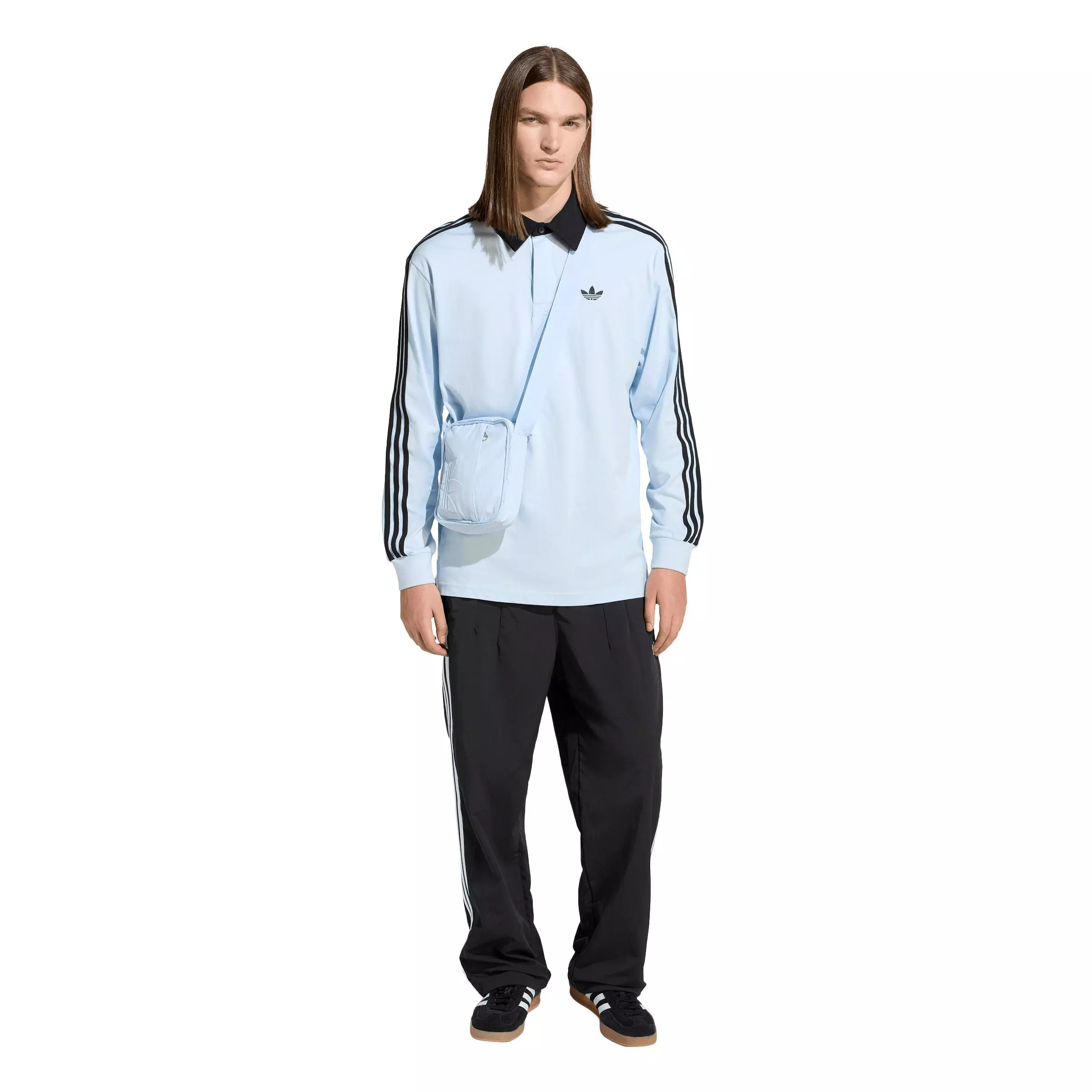 adidas Originals Men's 3-Stripes Rugby Long-Sleeve Polo -Lt Blue - LT BLUE