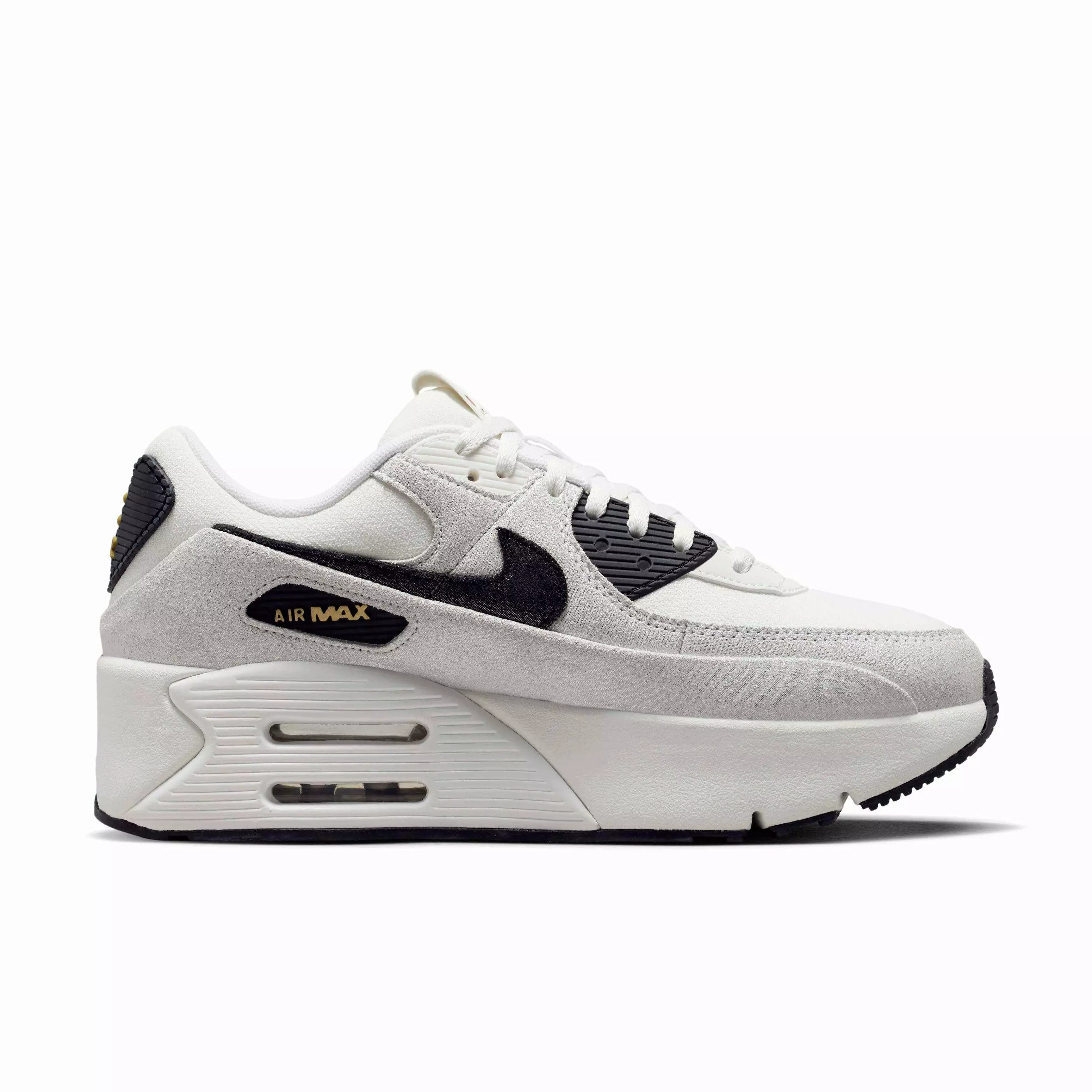 Nike Air Max 90 LV8 "White/Team Red/Metallic Gold/Black" Women's Shoe - WHITE/RED/GOLD/BLACK