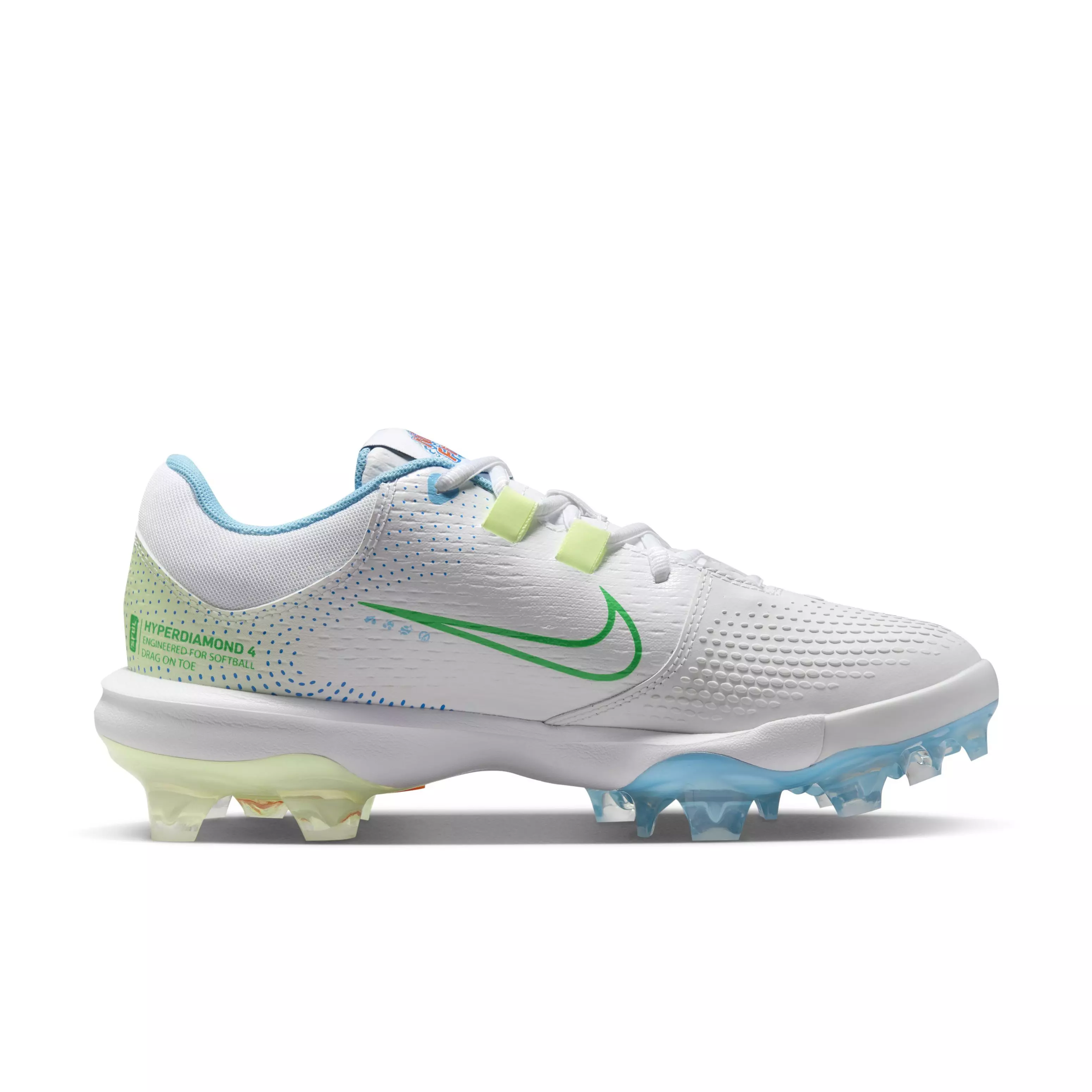 Nike Hyperdiamond 4 Pro MCS "White/Aquarius Blue/Barely Volt/Photo Blue" Women's Softball Cleat - WHITE/BLUE/VOLT
