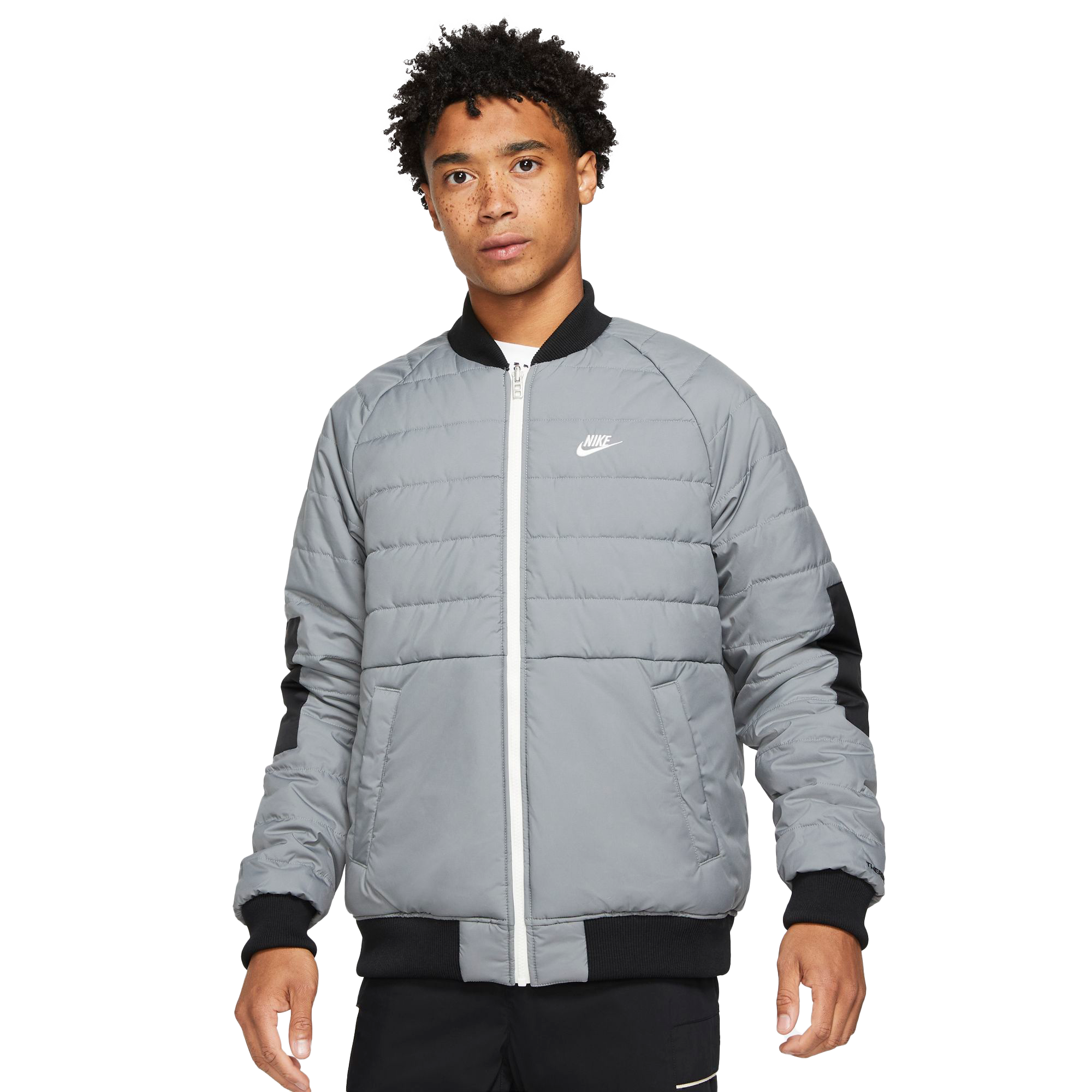 Nike Men's Sportswear Therma-FIT Legacy Reversible Bomber Jacket - BLACK/GREY Thumbnail View 6
