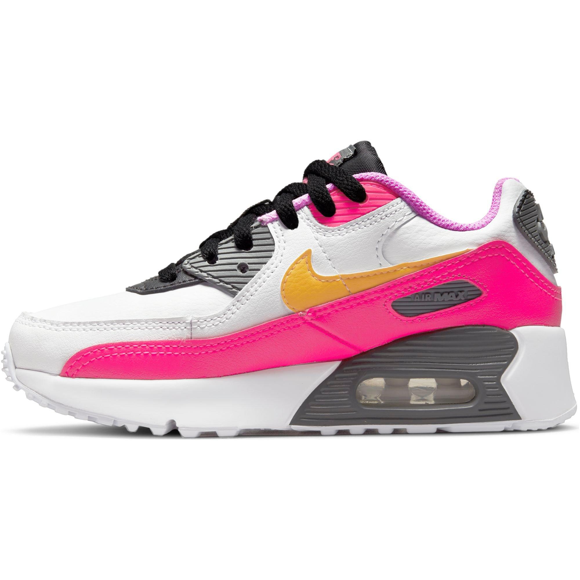 Nike Air Max 90 "White/Laser Orange/Black/Hyper Pink" Preschool Girls' Shoe - WHITE/PINK/BLACK Thumbnail View 6