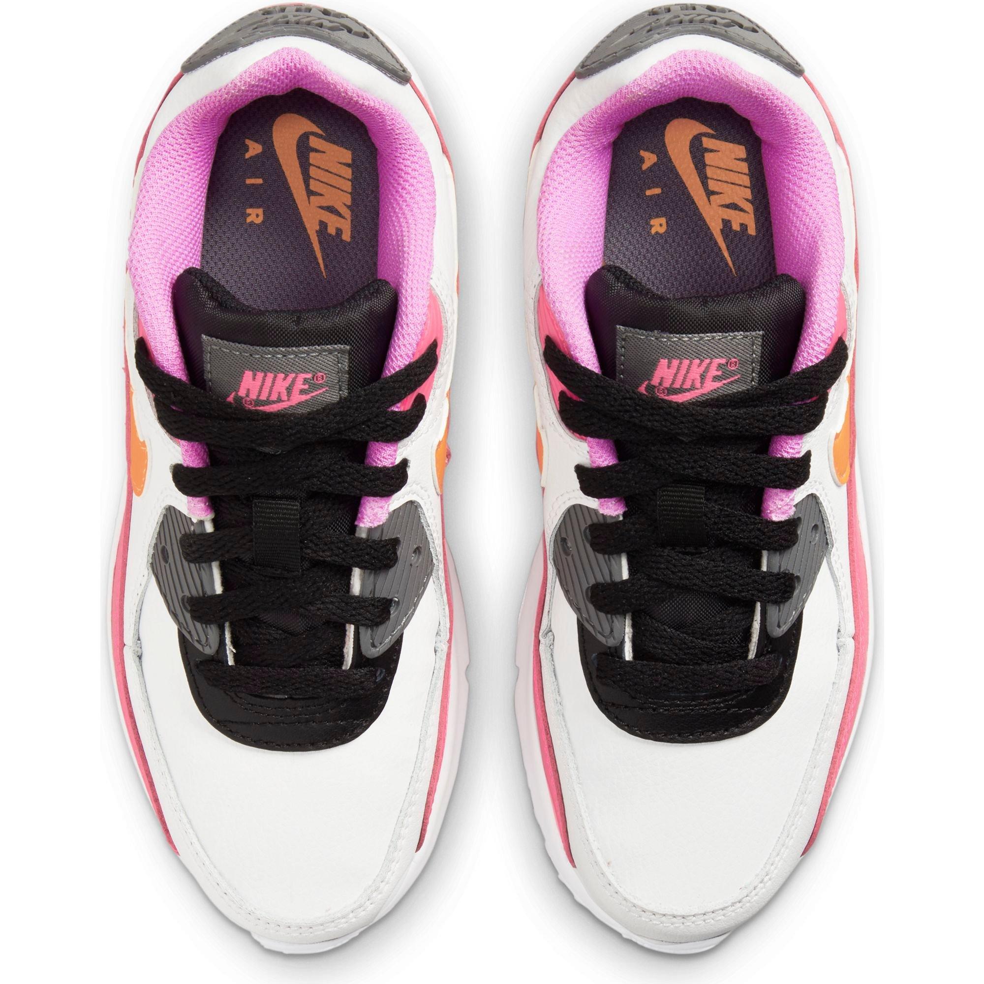 Nike Air Max 90 "White/Laser Orange/Black/Hyper Pink" Preschool Girls' Shoe - WHITE/PINK/BLACK Thumbnail View 8