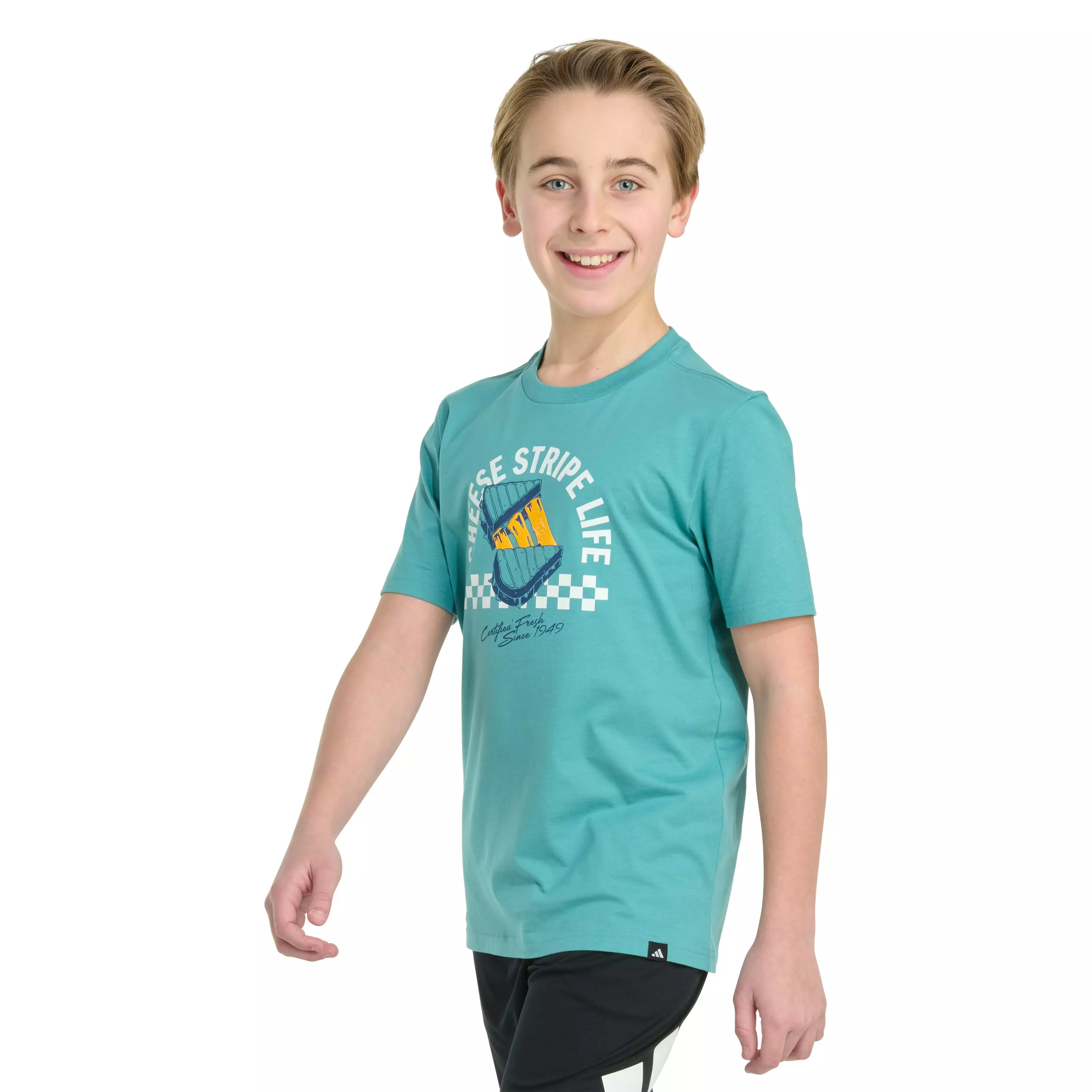 adidas Big Boys' Short Sleeve Cheese Stripe Life Tee -Teal - TEAL