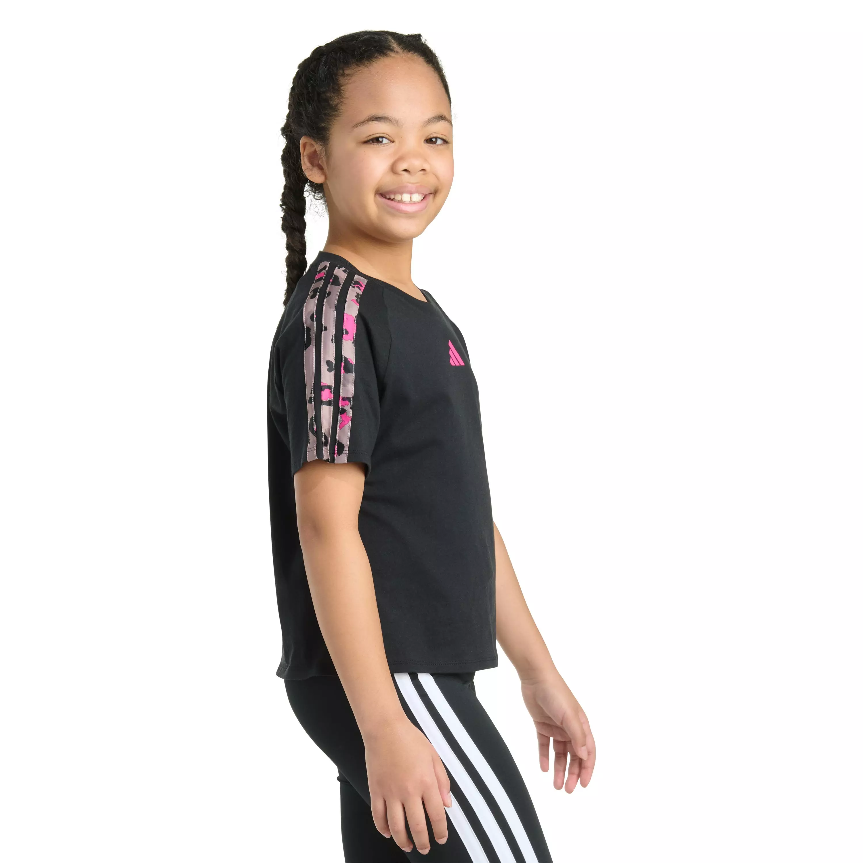 adidas Big Girls' Short Sleeve Printed Raglan Tee -Black - BLACK