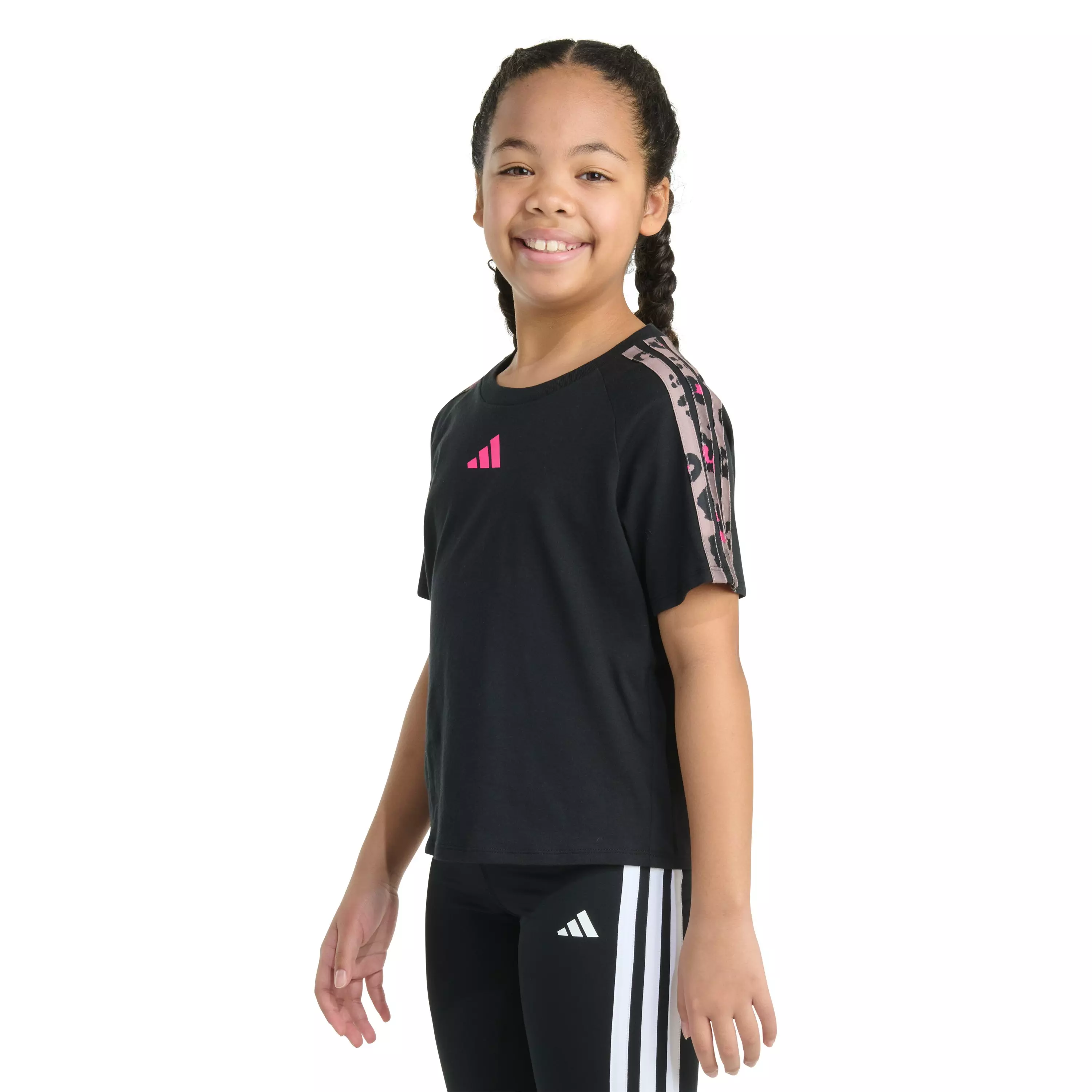 adidas Big Girls' Short Sleeve Printed Raglan Tee -Black - BLACK