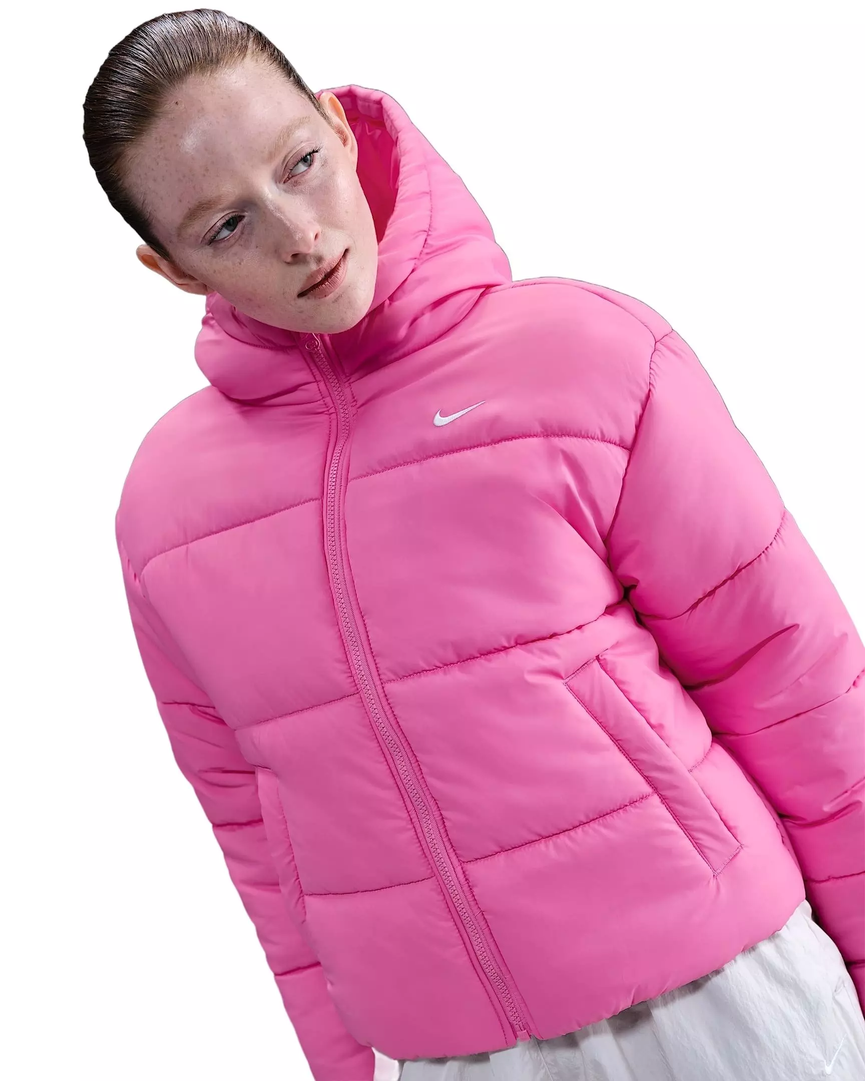 Nike Women's Sportswear Classic Puffer Therma-FIT Loose Hooded Jacket - Pink/White - PINK/WHITE