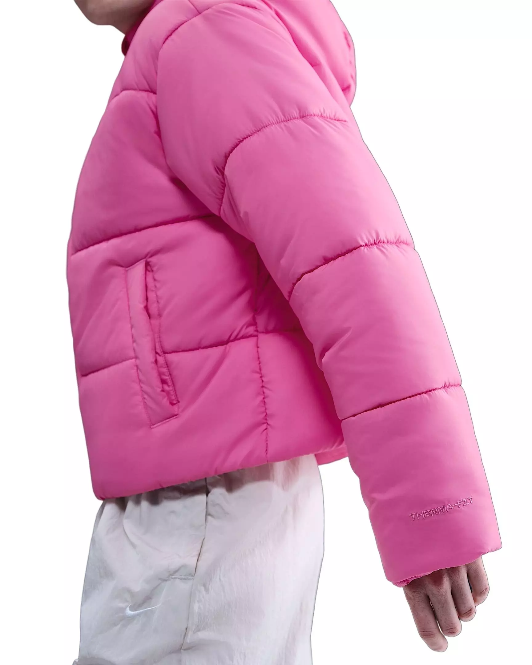 Nike Women's Sportswear Classic Puffer Therma-FIT Loose Hooded Jacket -Pink/White - PINK/WHITE