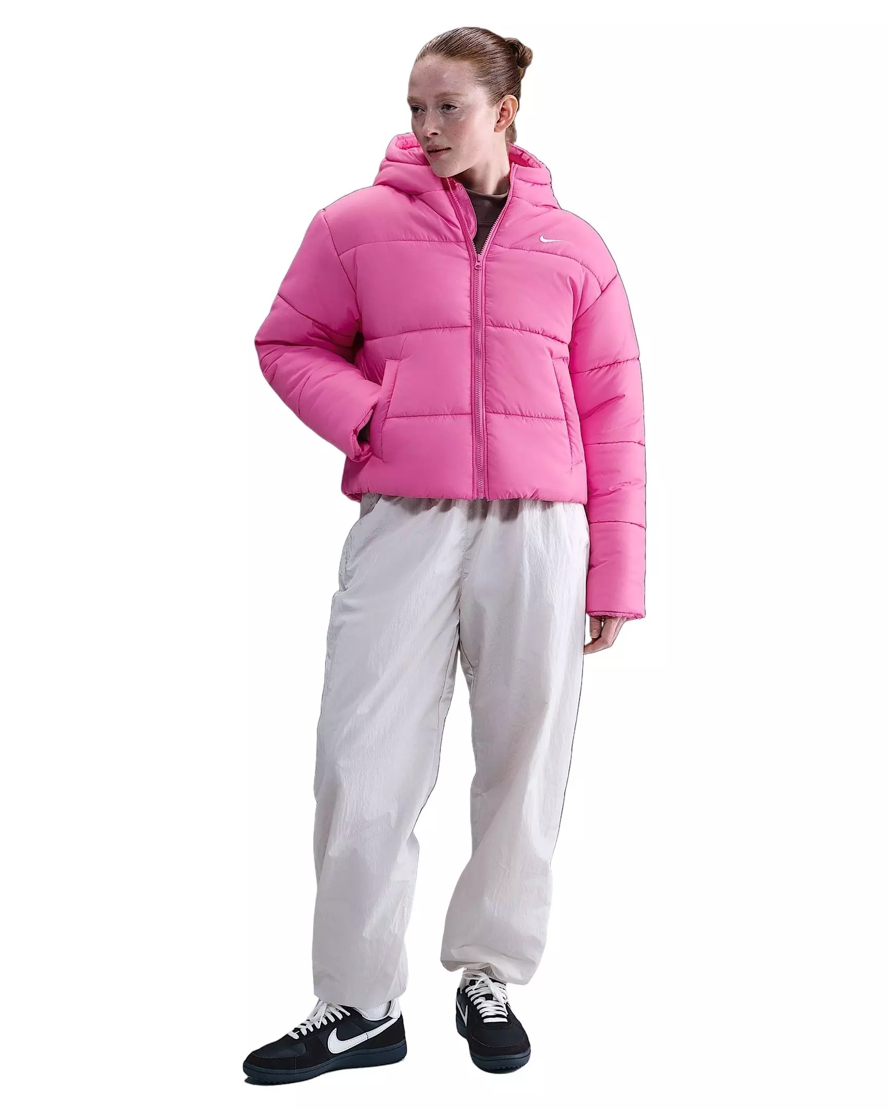 Nike Women's Sportswear Classic Puffer Therma-FIT Loose Hooded Jacket - Pink/White - PINK/WHITE