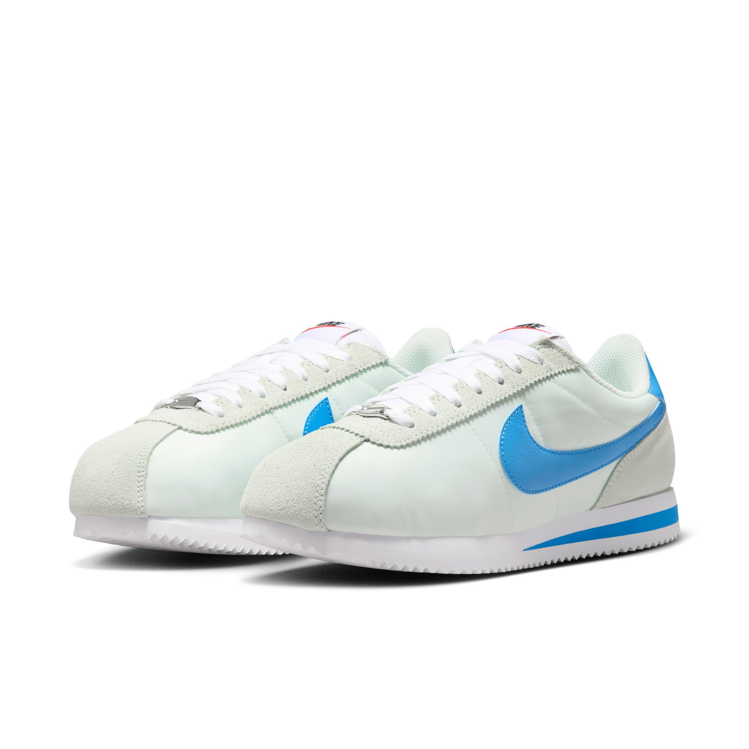 Nike Cortez Textile "Barely Green/White/Safety Orange/Light Photo Blue" Women's Shoe - GREEN/BLUE Thumbnail View 3