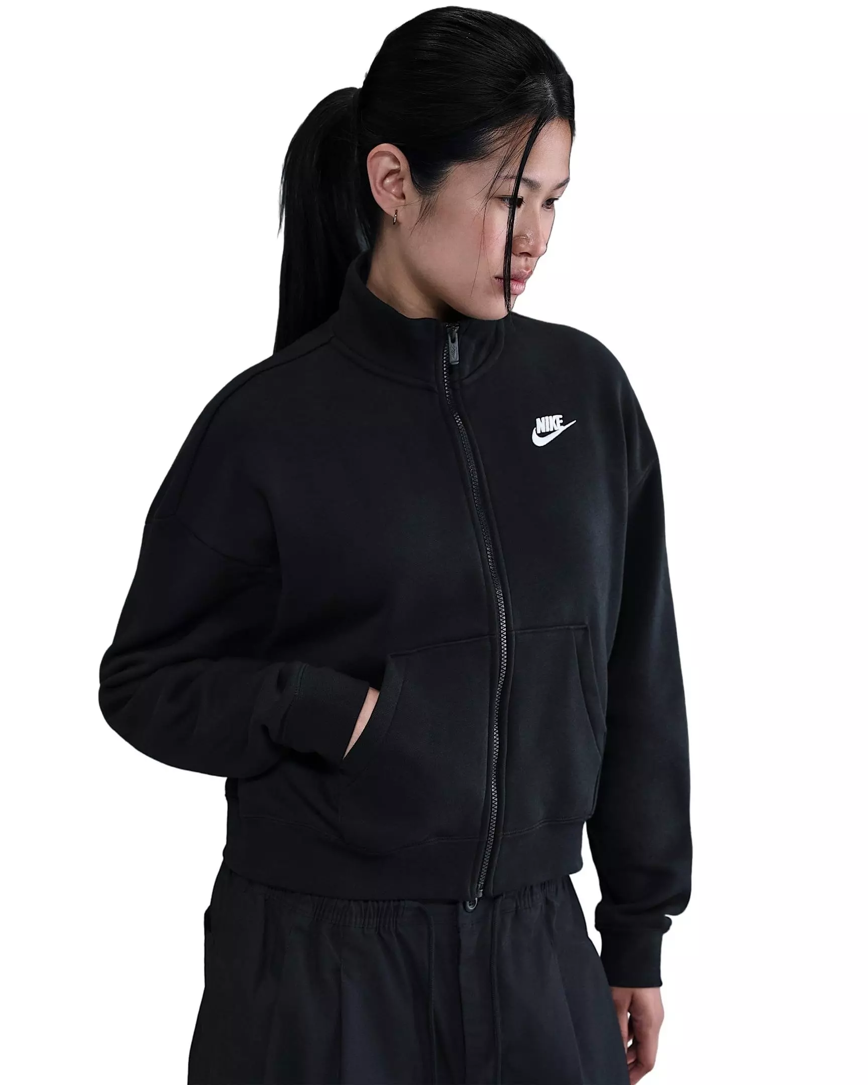 Nike Women's Sportswear Club Fleece Loose Track Jacket - Black/White - BLACK/WHITE