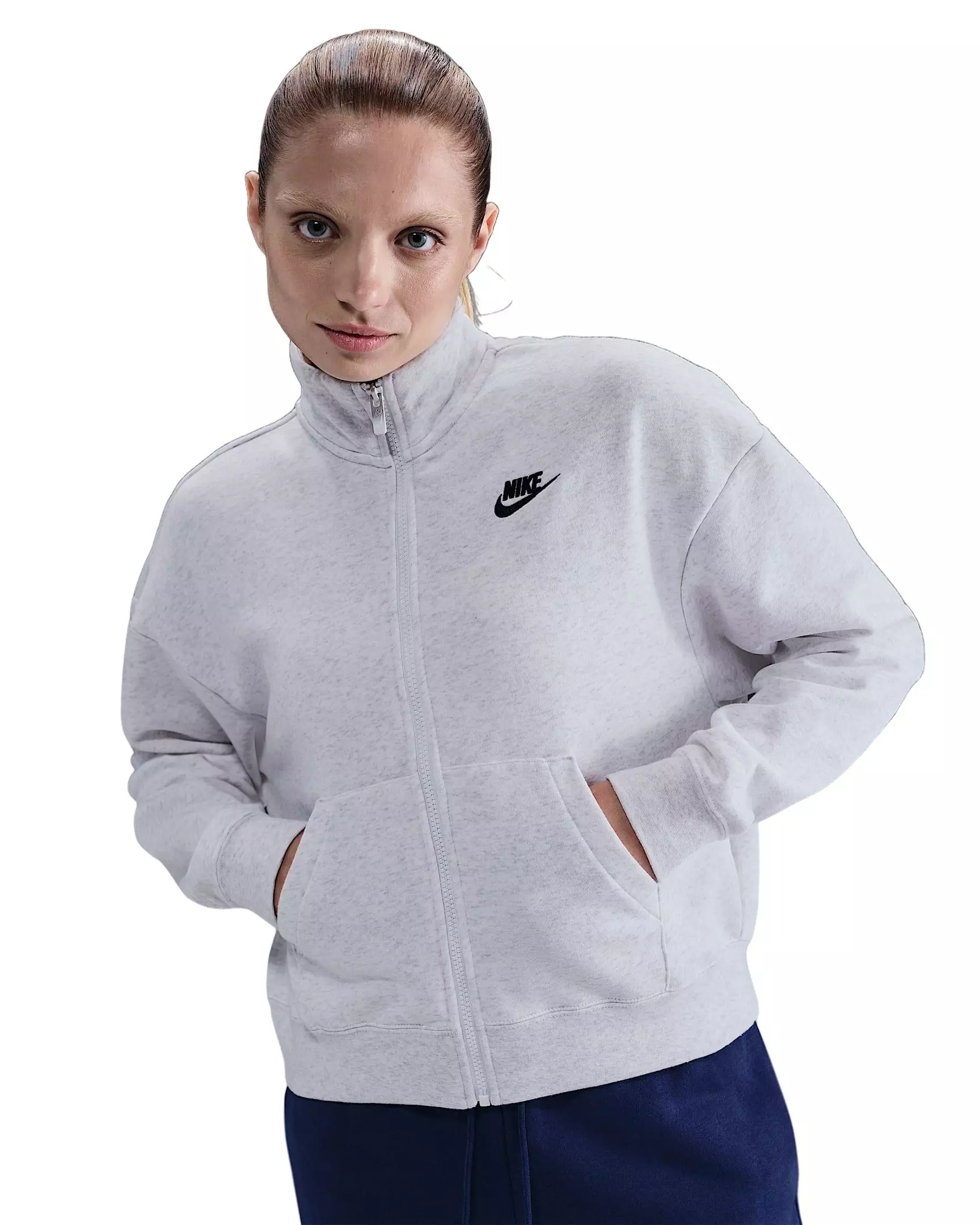 Nike Women's Sportswear Club Fleece Loose Track Jacket -Birch Heather/Black - BIRCH HEATHER/BLACK