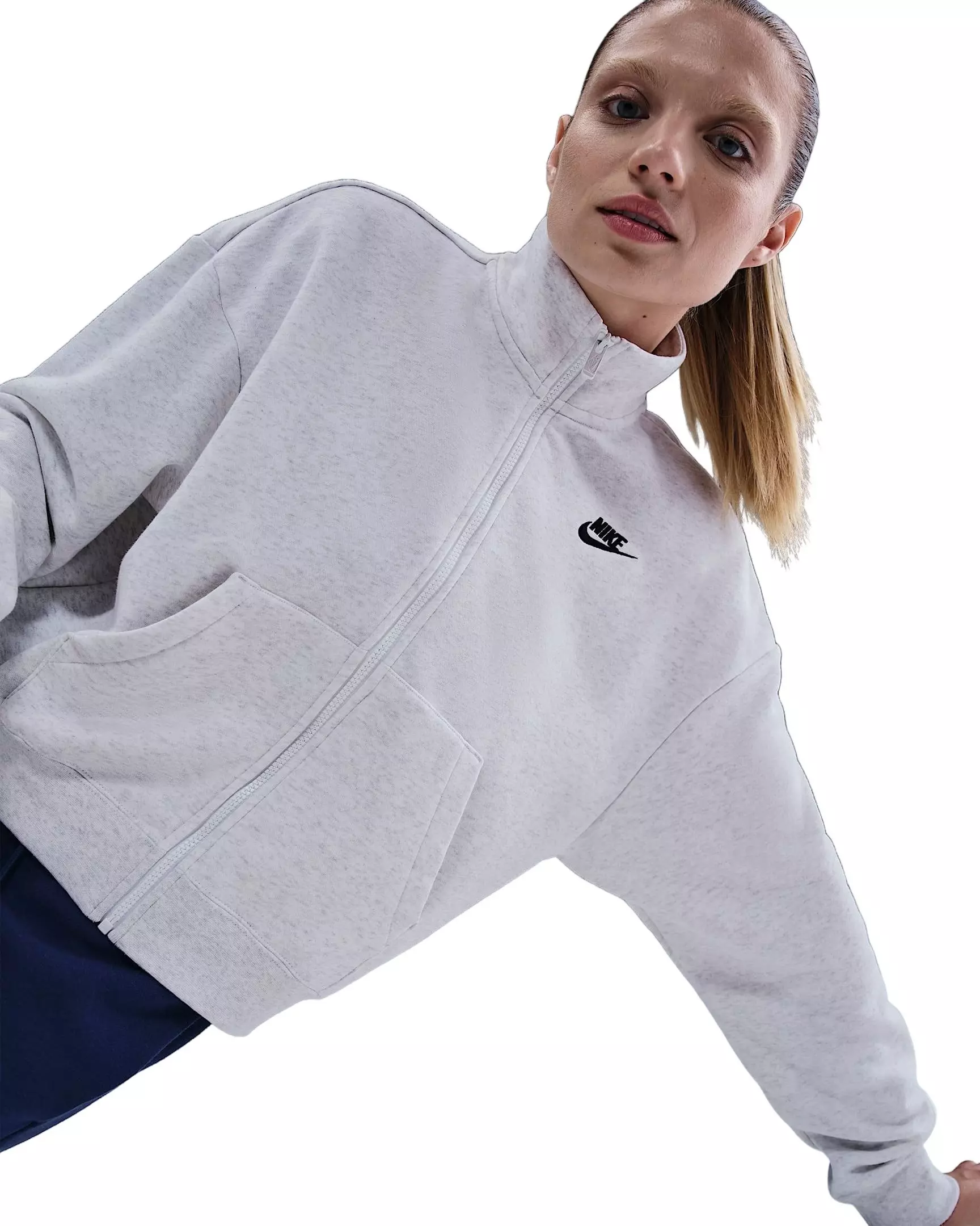Nike Women's Sportswear Club Fleece Loose Track Jacket - Birch Heather/Black - BIRCH HEATHER/BLACK