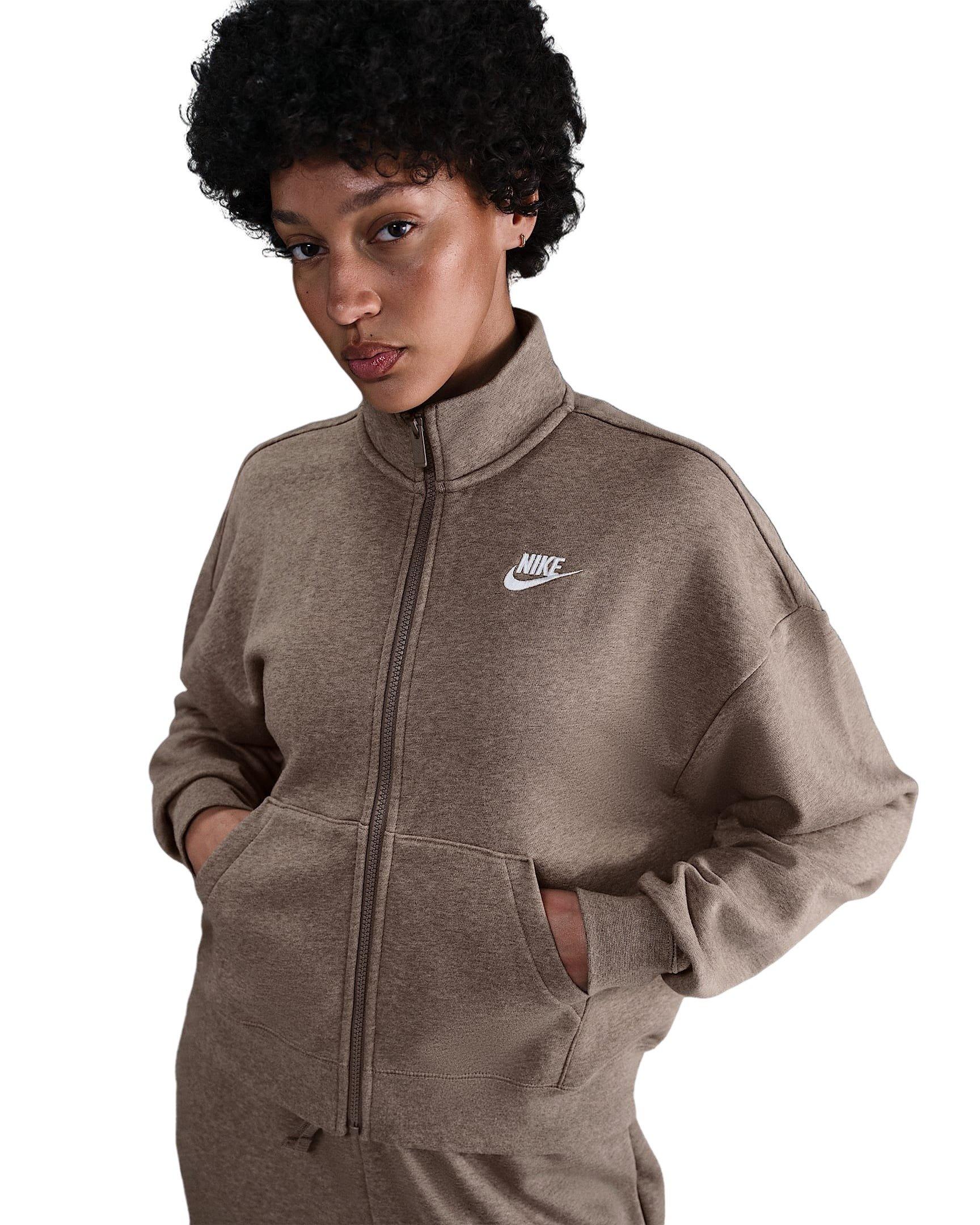 Nike Women's Sportswear Club Fleece Loose Track Jacket -Brown/White - BROWN/WHITE Thumbnail View 1