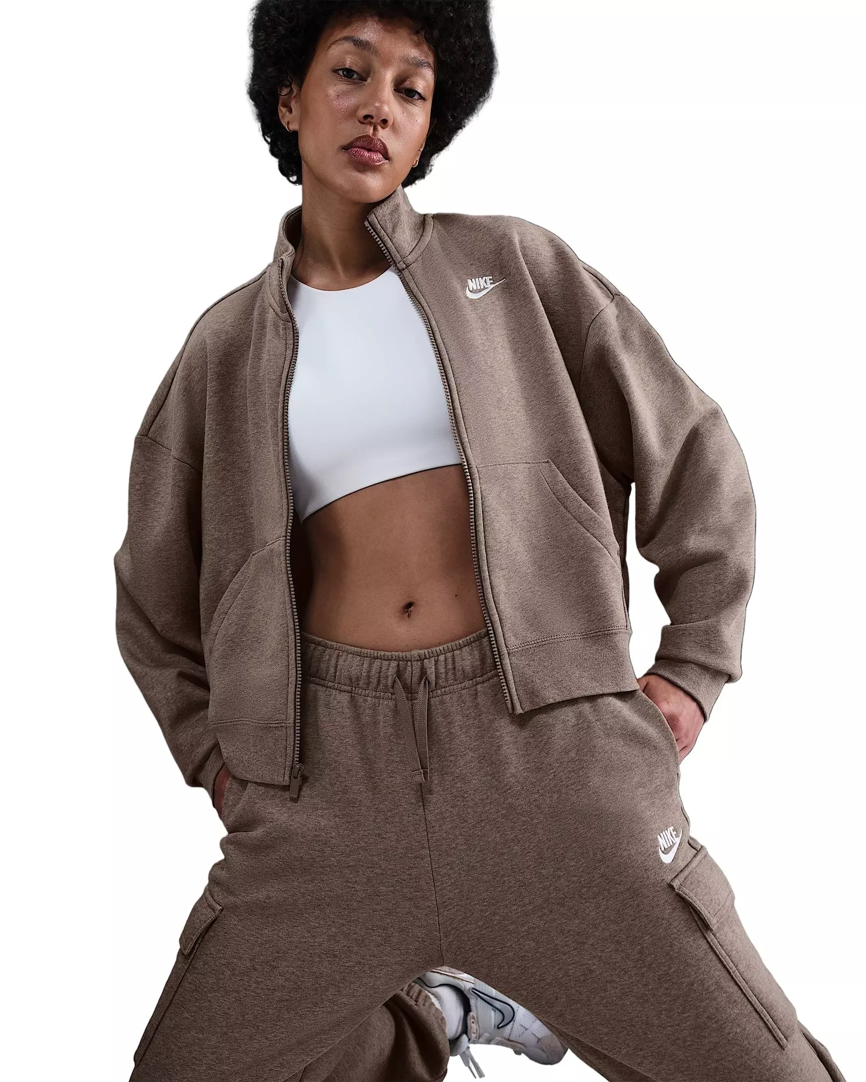 Nike Women's Sportswear Club Fleece Loose Track Jacket -Brown/White - BROWN/WHITE