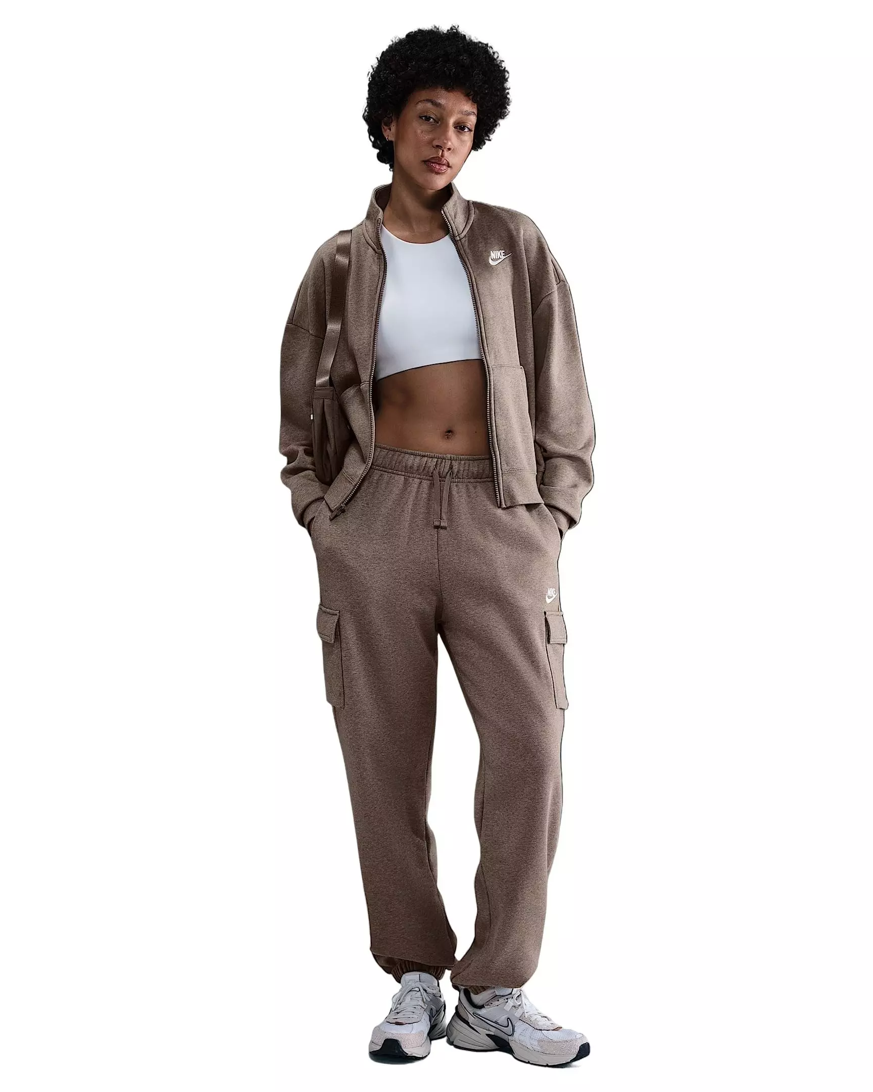 Nike Women's Sportswear Club Fleece Loose Track Jacket -Brown/White - BROWN/WHITE