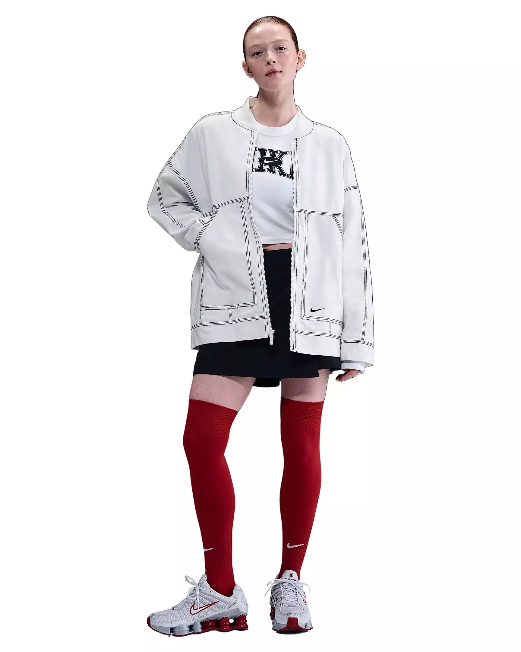 Nike Women's Sportswear Oversized Graphic Cargo Jacket -White/Black - WHITE/BLACK