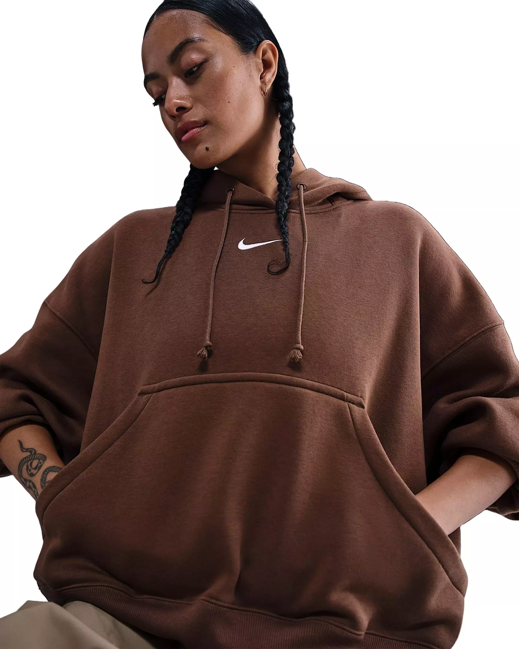 Nike Women's Sportswear Phoenix Fleece Over-Oversized Pullover Hoodie -Brown - BROWN