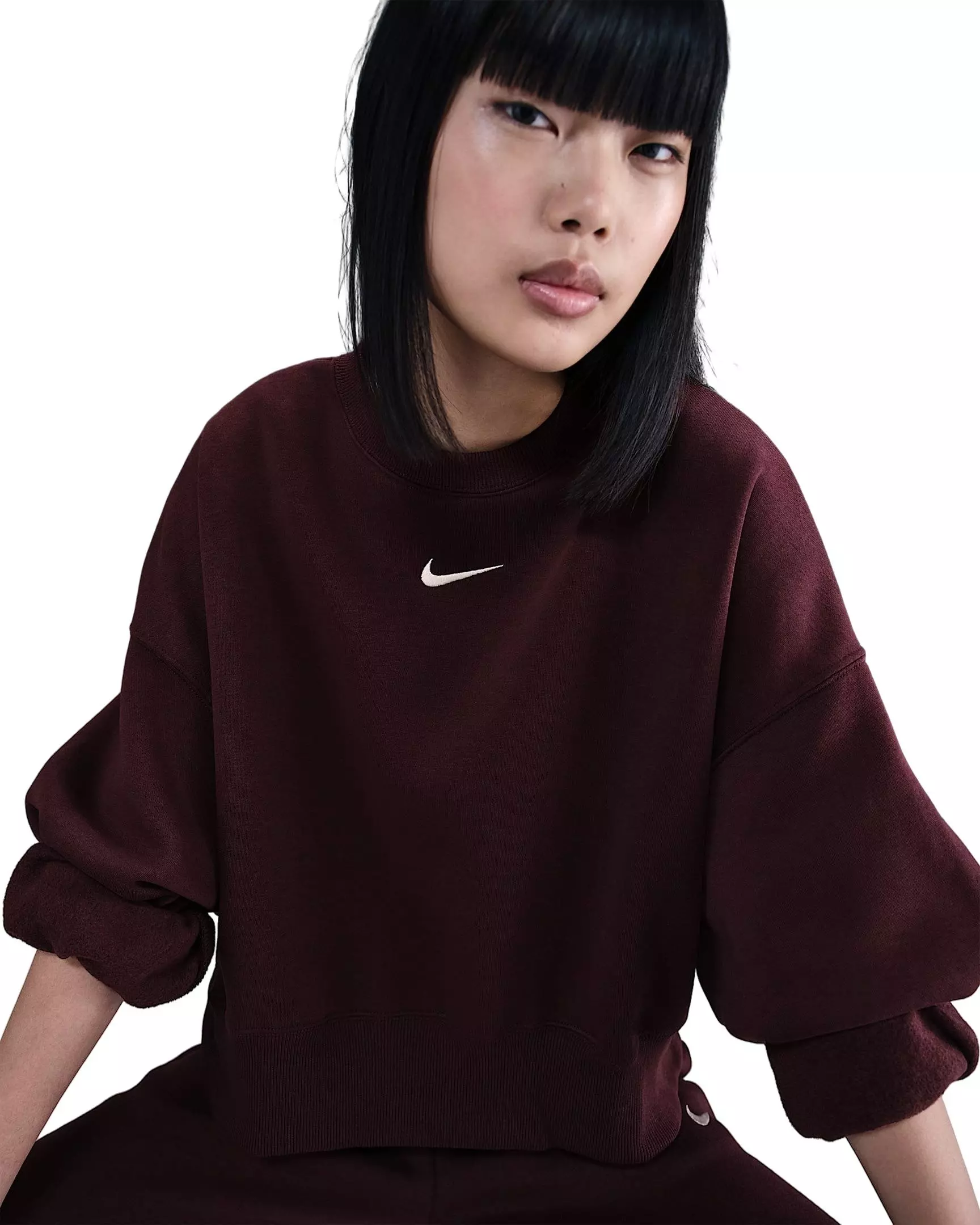 Nike Women's Sportswear Phoenix Fleece Over-Oversized Crew-Neck Sweatshirt -Burgundy - BURGUNDY