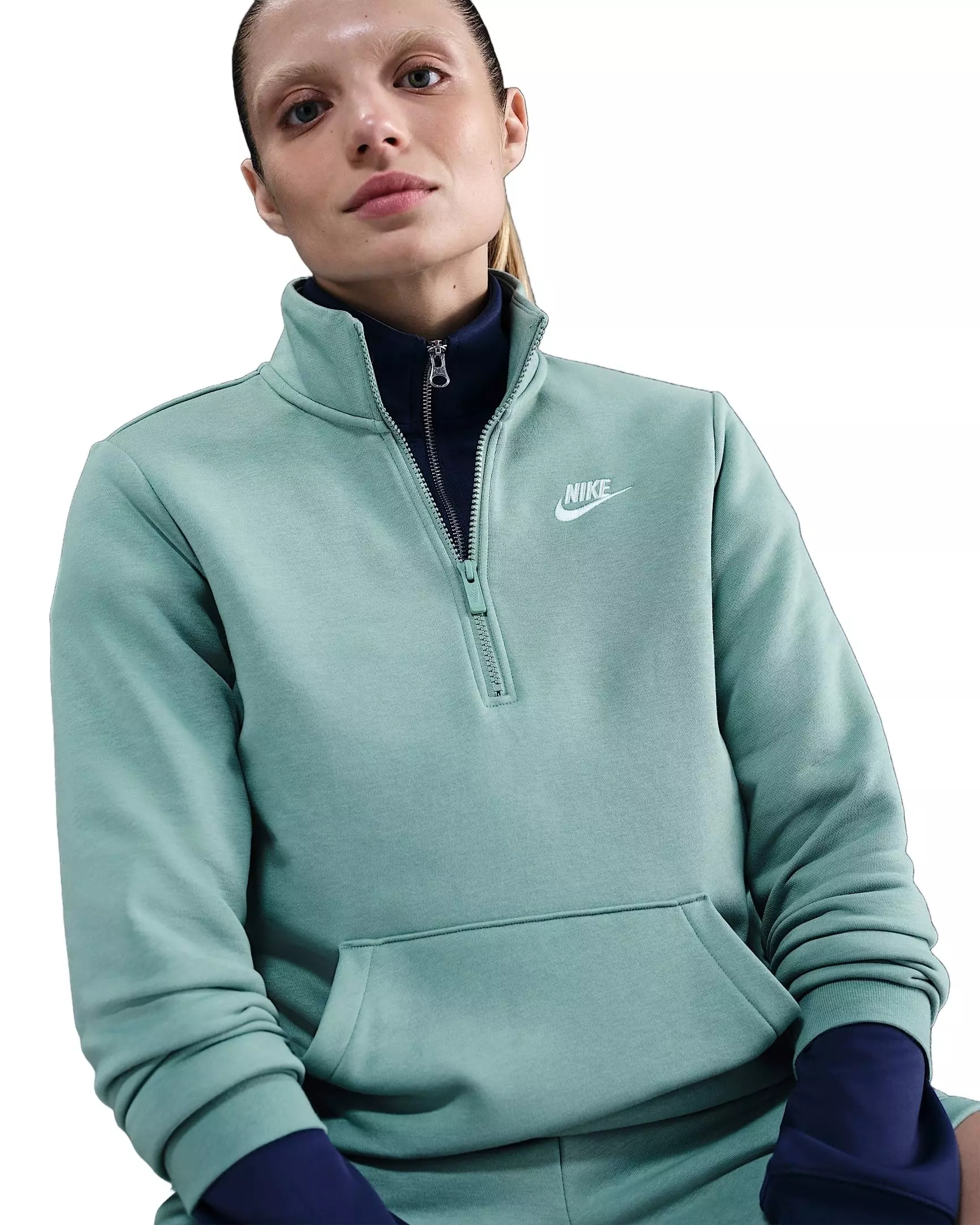 Nike Women's Sportswear Club Fleece Standard 1/4-Zip Sweatshirt -Green/White - GREEN/WHITE