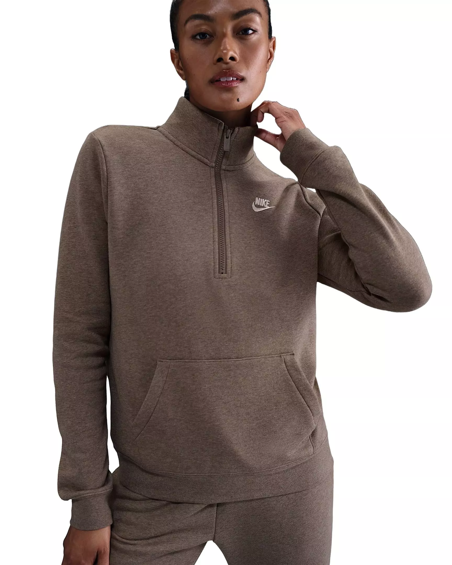 Nike Women's Sportswear Club Fleece Standard 1/4-Zip Sweatshirt - Brown/White - BROWN/WHITE