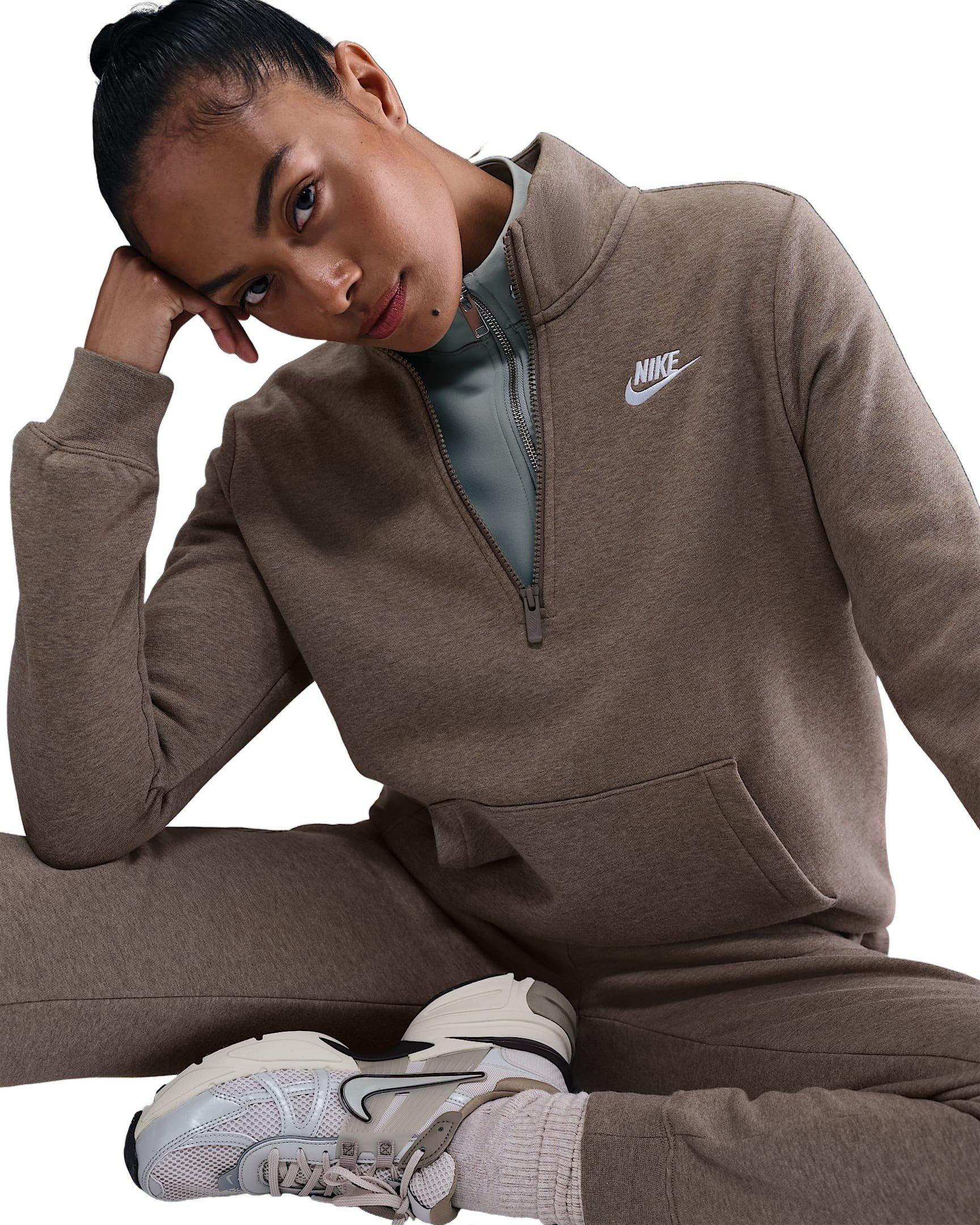 Nike Women's Sportswear Club Fleece Standard 1/4-Zip Sweatshirt -Brown/White - BROWN/WHITE Thumbnail View 3