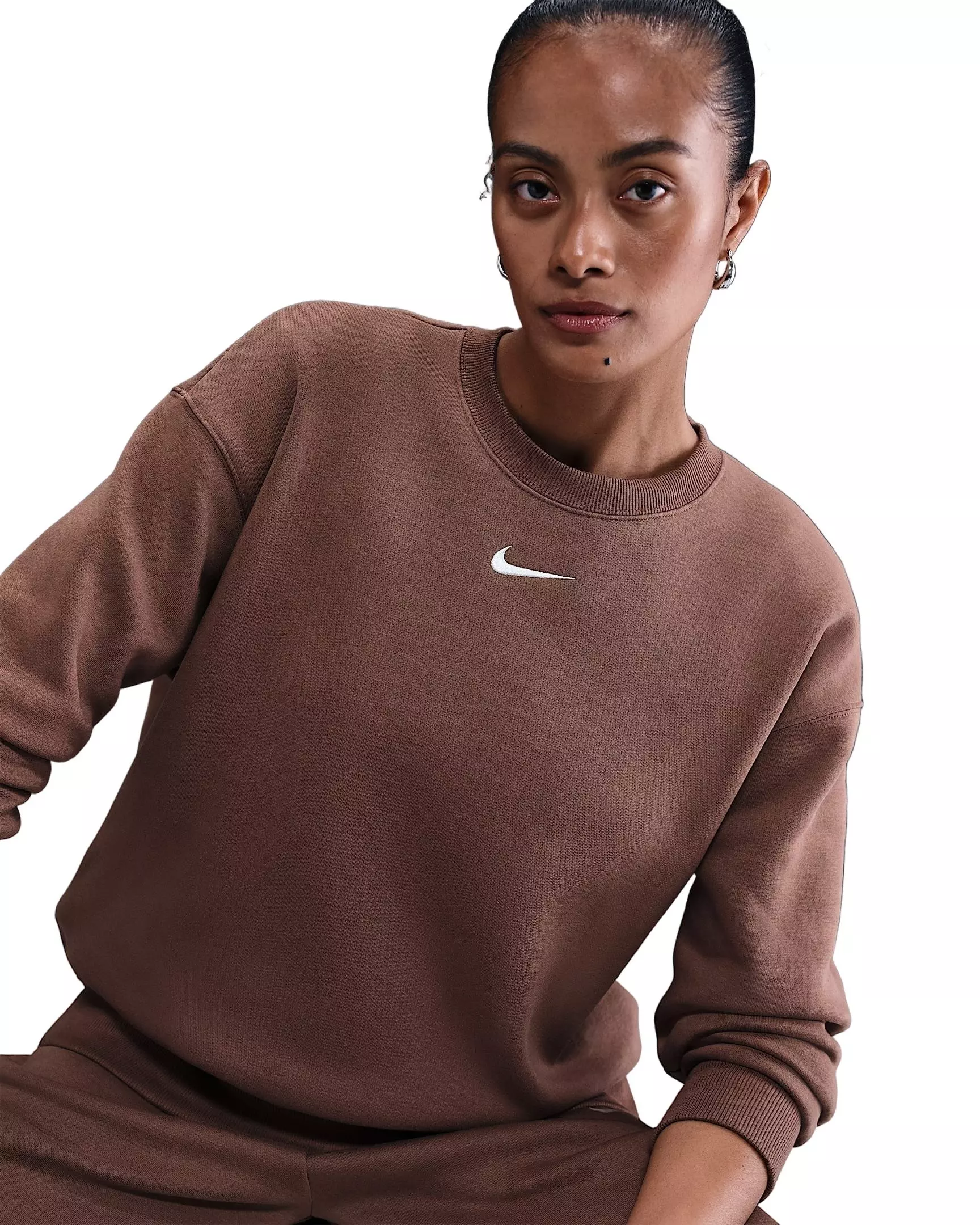 Nike Women's Sportswear Phoenix Fleece Oversized Long-Sleeve Crew-Neck Sweatshirt - Brown - BROWN
