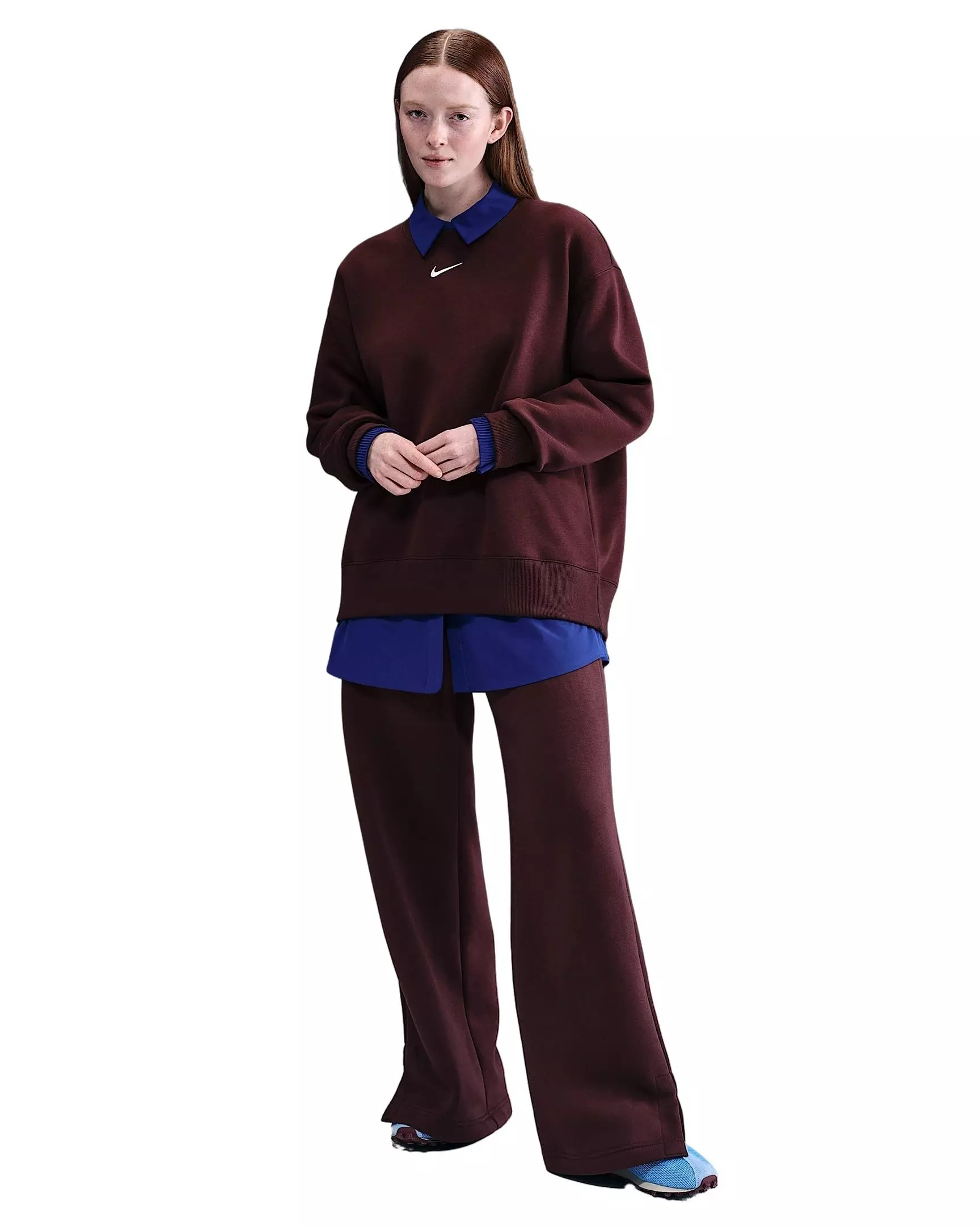 Nike Women's Sportswear Phoenix Fleece Oversized Long-Sleeve Crew-Neck Sweatshirt -Burgundy - BURGUNDY