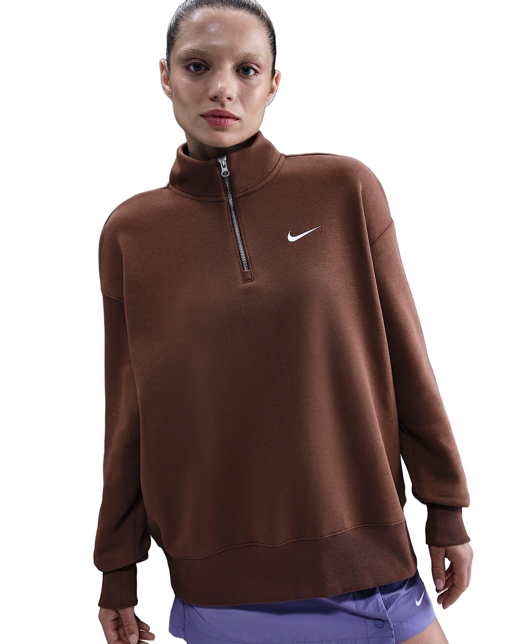 Nike Women's Sportswear Phoenix Fleece Oversized 1/4-Zip Long Sweatshirt -Brown - BROWN Thumbnail View 1