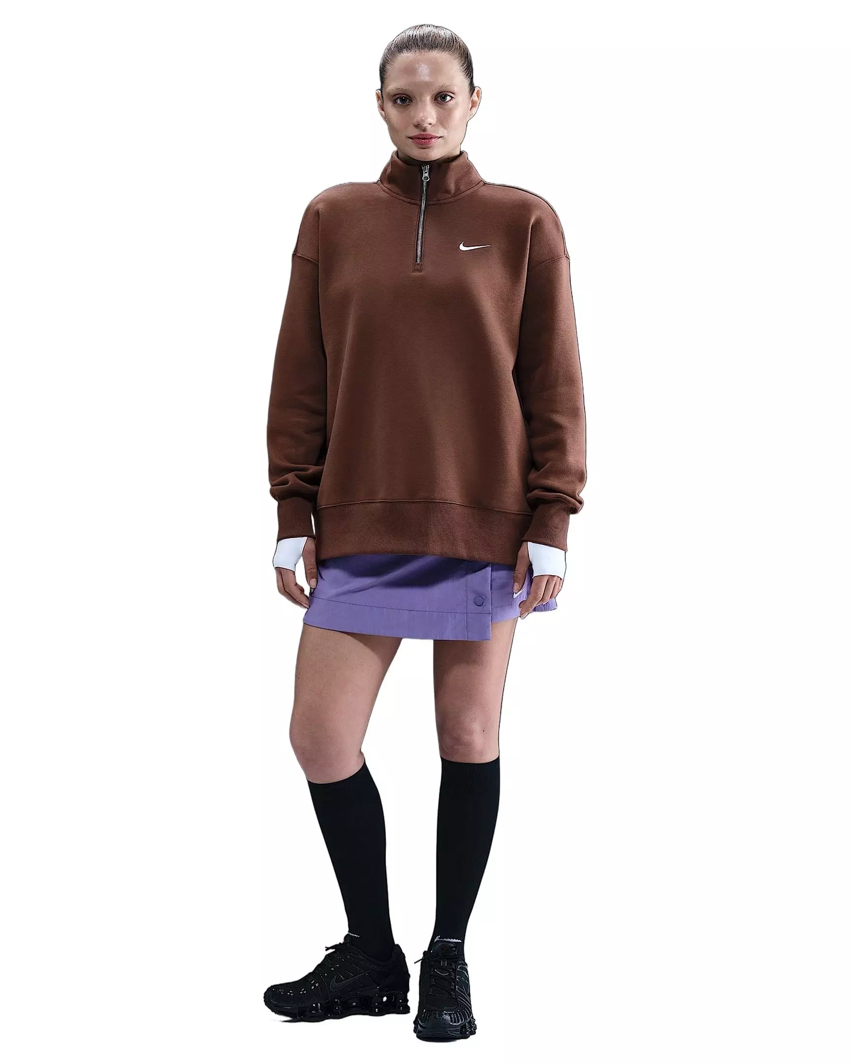 Nike Women's Sportswear Phoenix Fleece Oversized 1/4-Zip Long Sweatshirt - Brown - BROWN