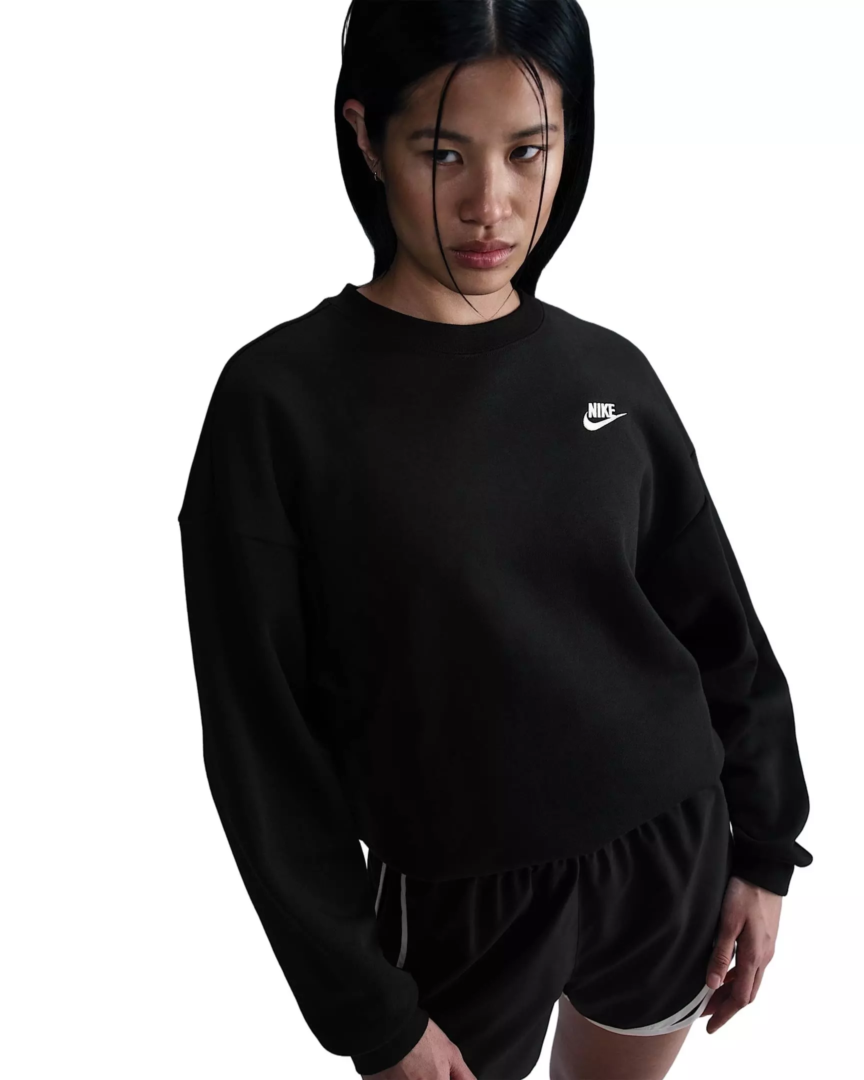Nike Women's Sportswear Club Fleece Loose Crew-Neck Sweatshirt - Black - BLACK