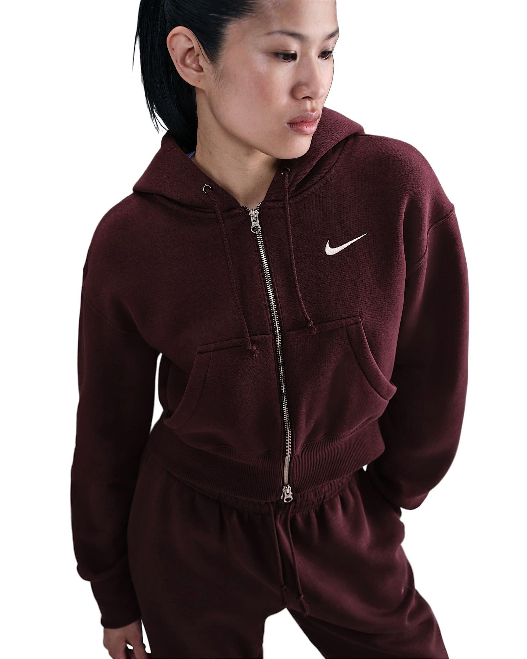 Nike Women's Sportswear Phoenix Fleece Loose Full-Zip Cropped Jacket - Burgundy - BURGUNDY Thumbnail View 1