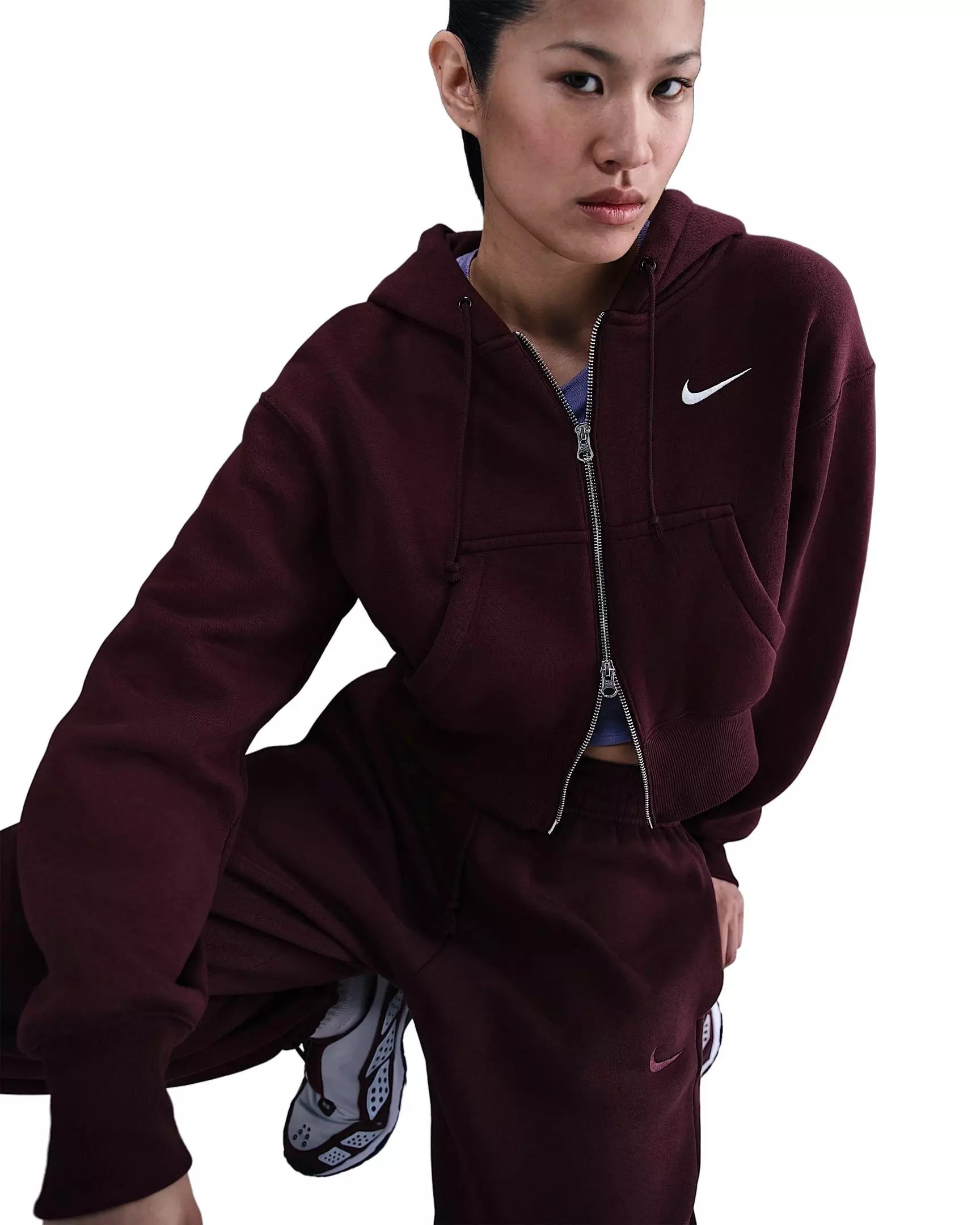 Nike Women's Sportswear Phoenix Fleece Loose Full-Zip Cropped Jacket -Burgundy - BURGUNDY