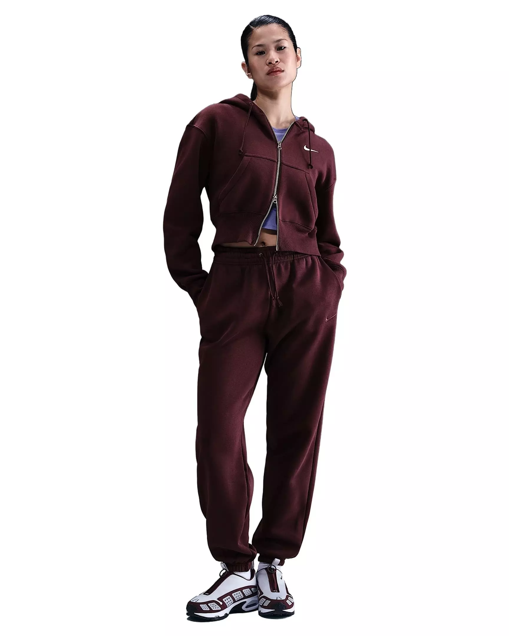 Nike Women's Sportswear Phoenix Fleece Loose Full-Zip Cropped Jacket - Burgundy - BURGUNDY