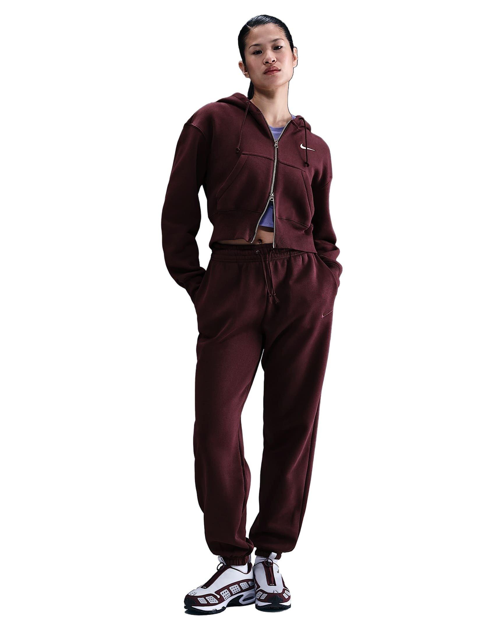 Nike Women's Sportswear Phoenix Fleece Loose Full-Zip Cropped Jacket -Burgundy - BURGUNDY Thumbnail View 4