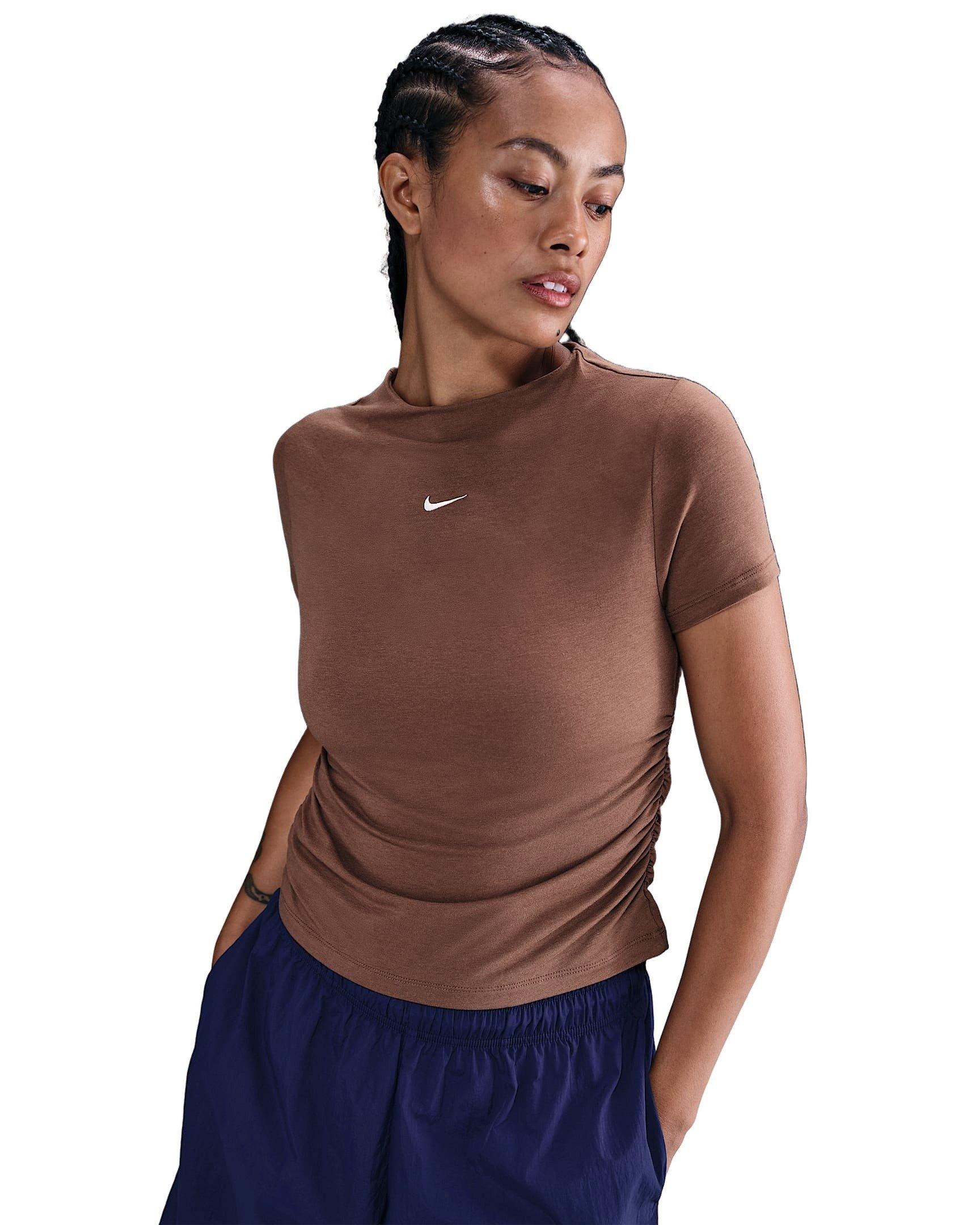 Nike Women's Sportswear Chill Knit Tight Short-Sleeve Mock-Neck Top -Brown - BROWN Thumbnail View 1
