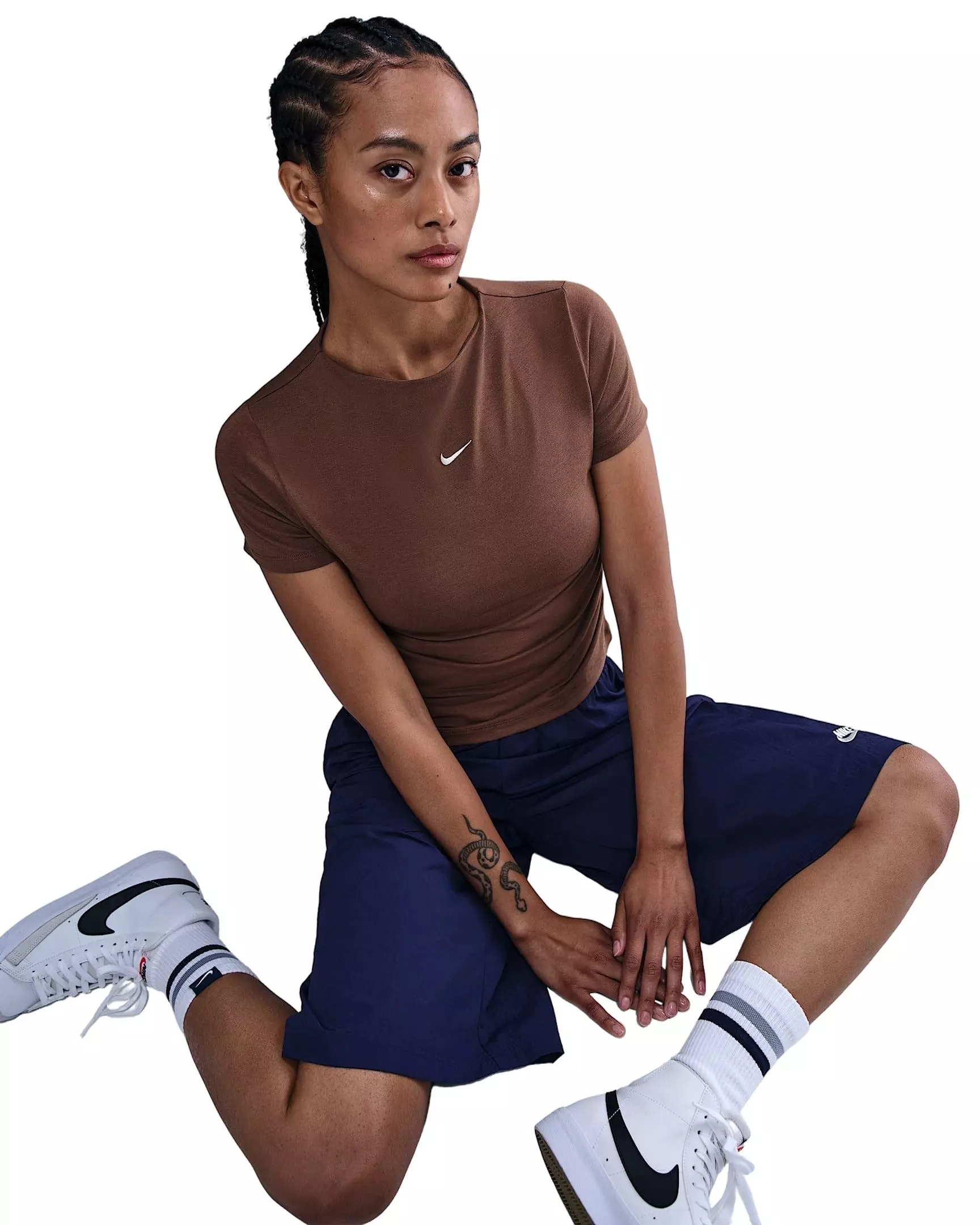 Nike Women's Sportswear Chill Knit Tight Short-Sleeve Mock-Neck Top -Brown - BROWN