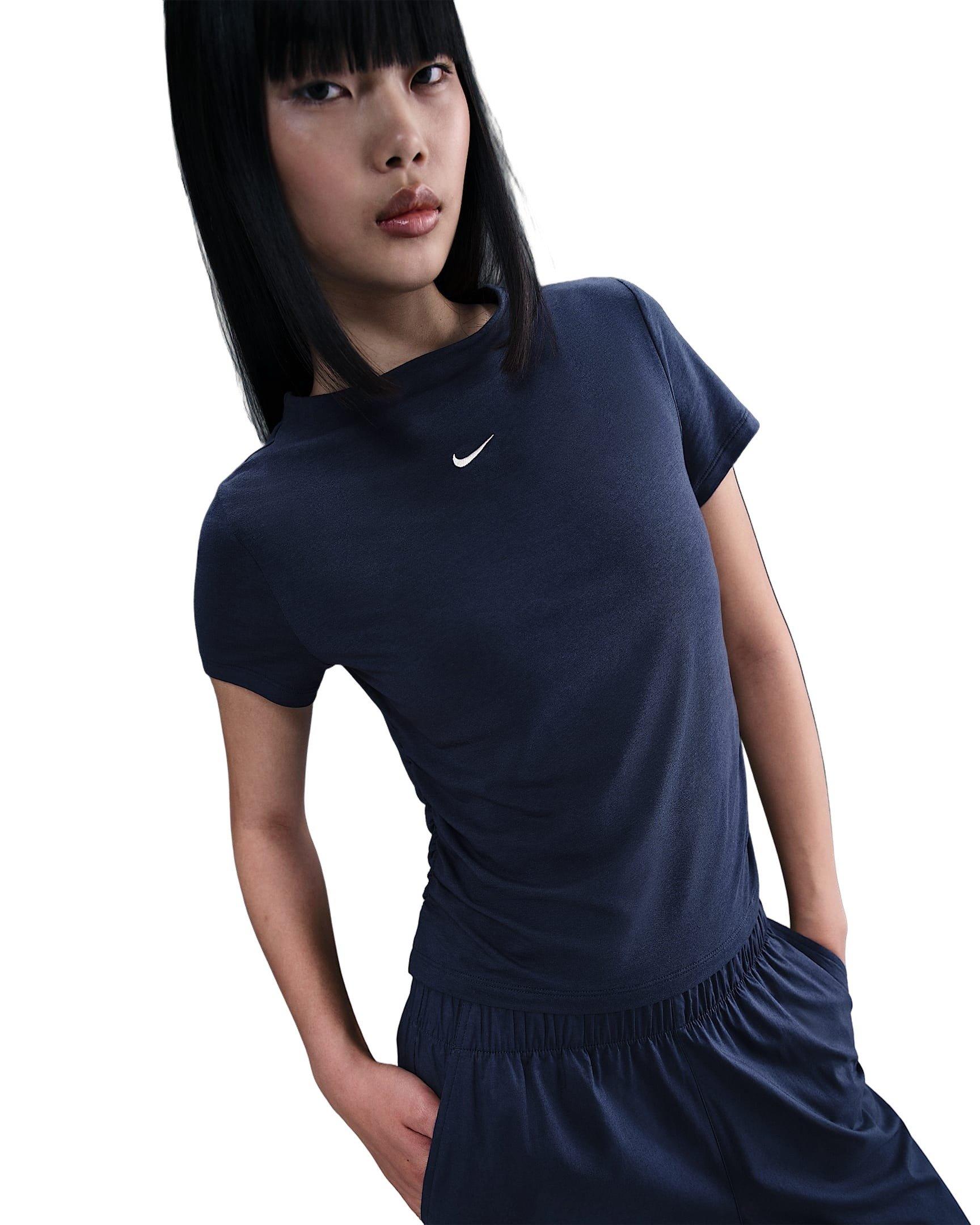 Nike Women's Sportswear Chill Knit Tight Short-Sleeve Mock-Neck Top - Navy - NAVY Thumbnail View 1