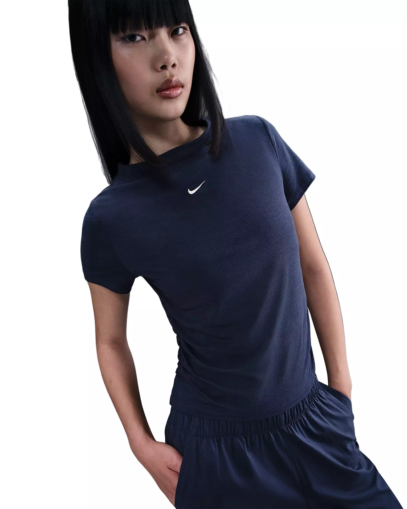 Nike Women's Sportswear Chill Knit Tight Short-Sleeve Mock-Neck Top - Navy - NAVY