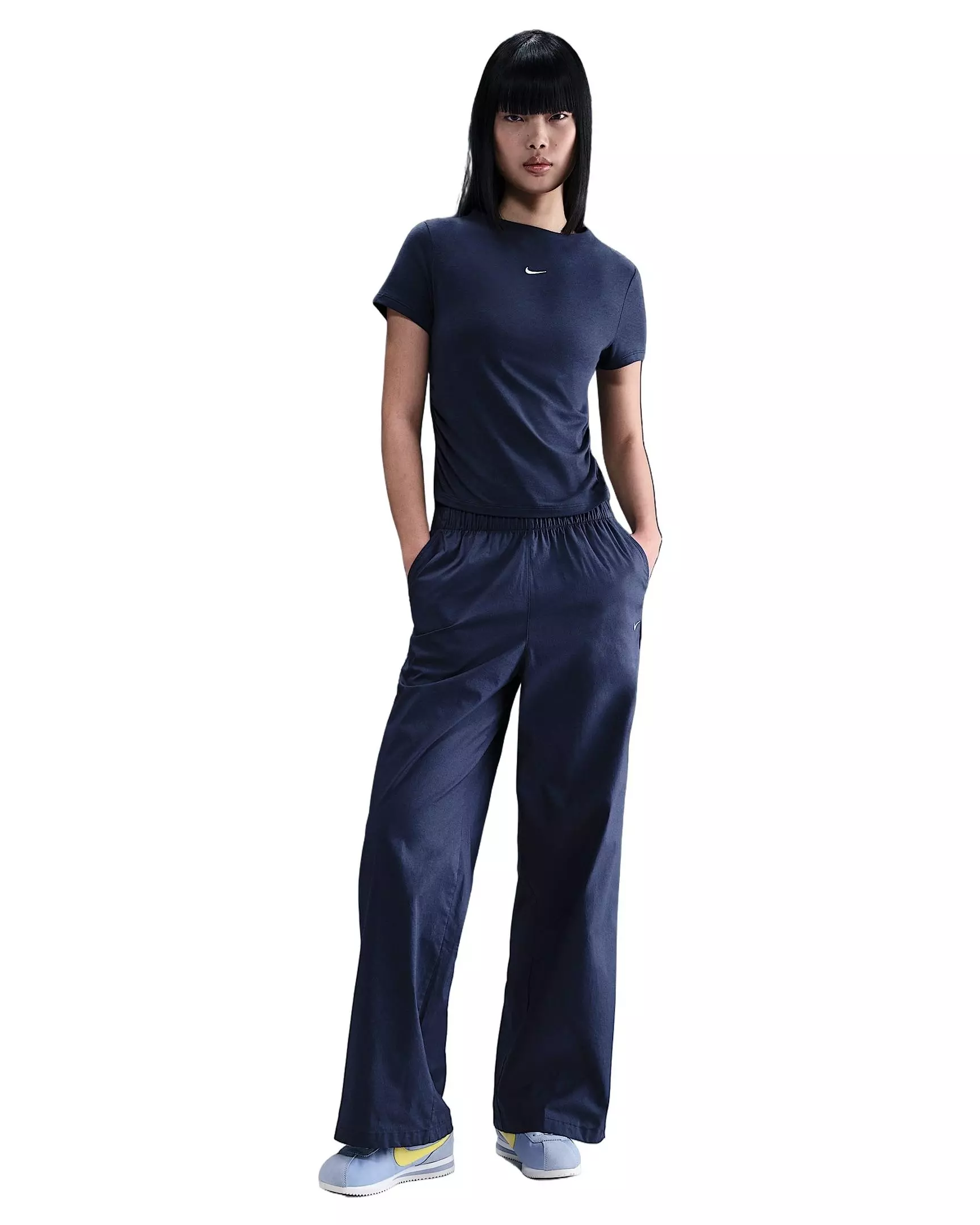 Nike Women's Sportswear Chill Knit Tight Short-Sleeve Mock-Neck Top -Navy - NAVY