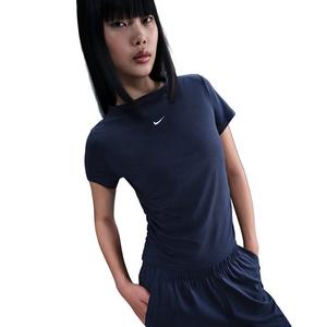 Nike Women's Sportswear Chill Knit Tight Short-Sleeve Mock-Neck Top -Navy