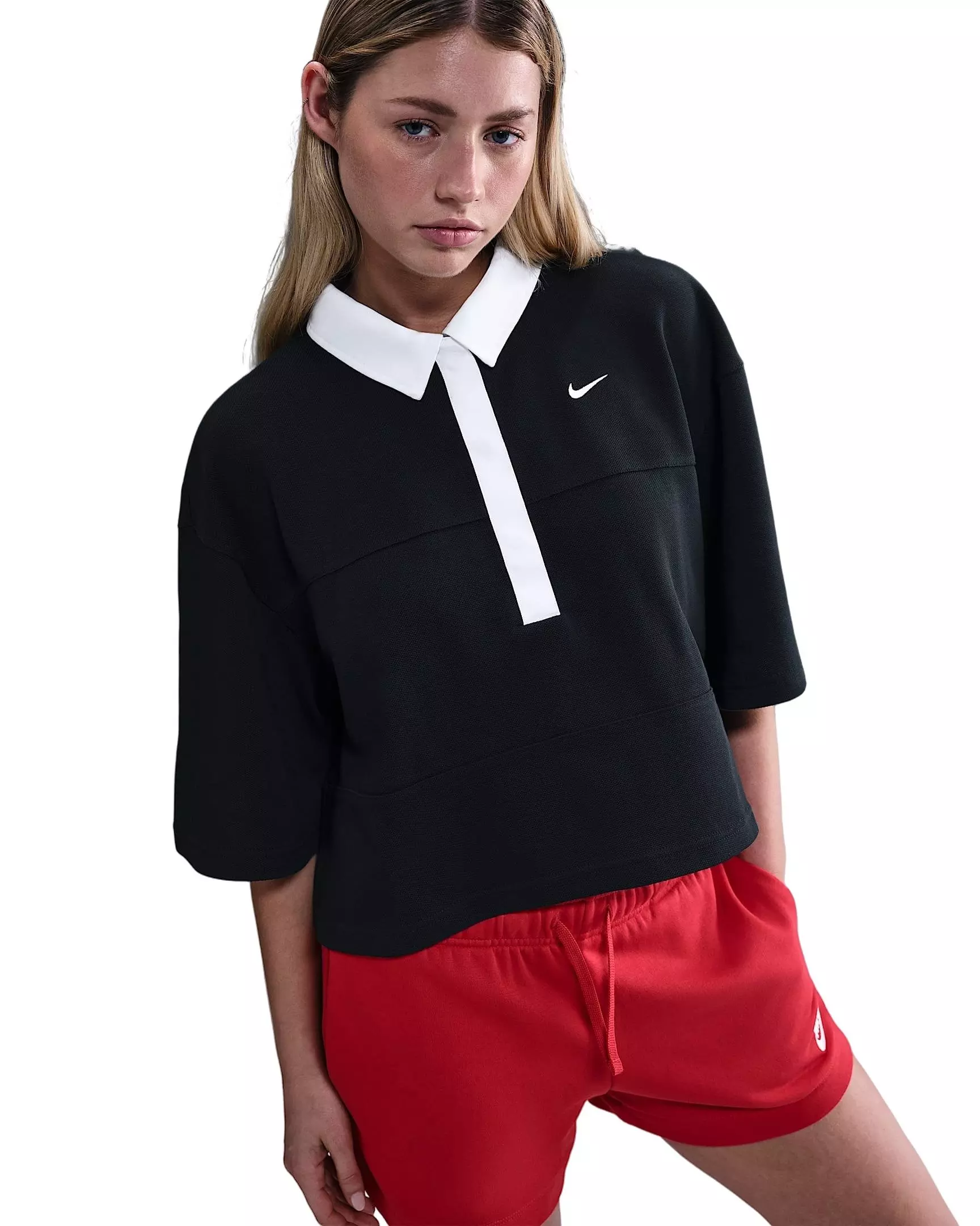 Nike Women's Sportswear Oversized Short-Sleeve Polo Top - Black/White - BLACK/WHITE